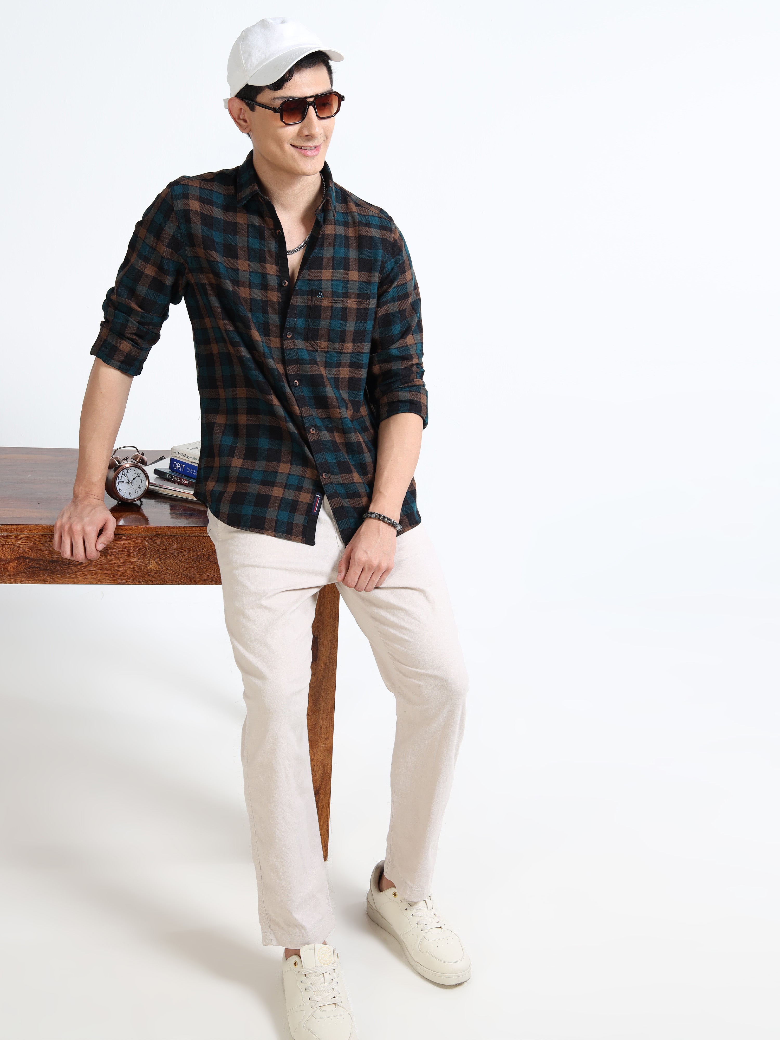 MEN'S DK.KHAKI CHECKS SLIM FIT SHIRT