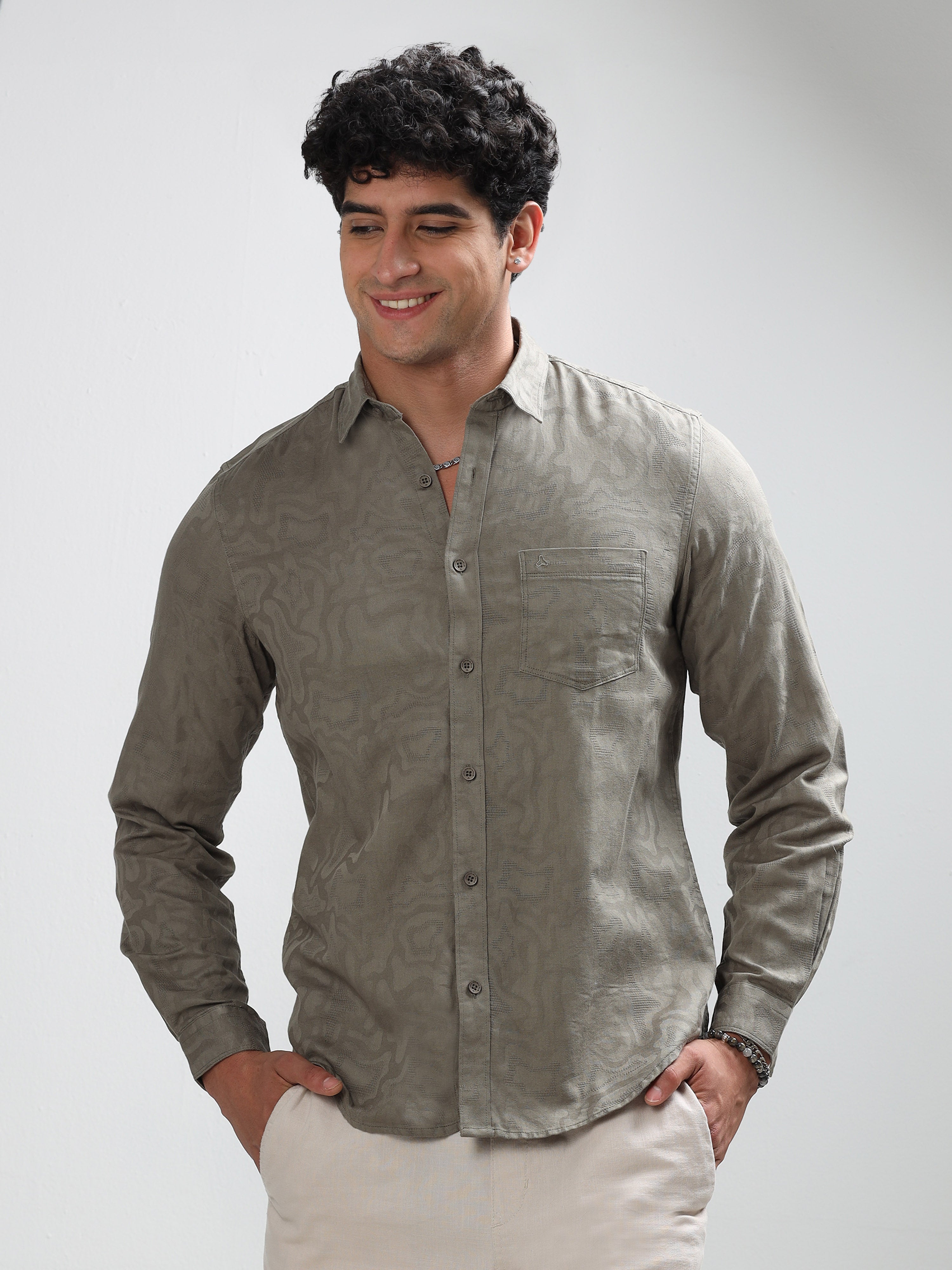 MEN'S TEAL GREEN SELF DESIGN SLIM FIT SHIRT
