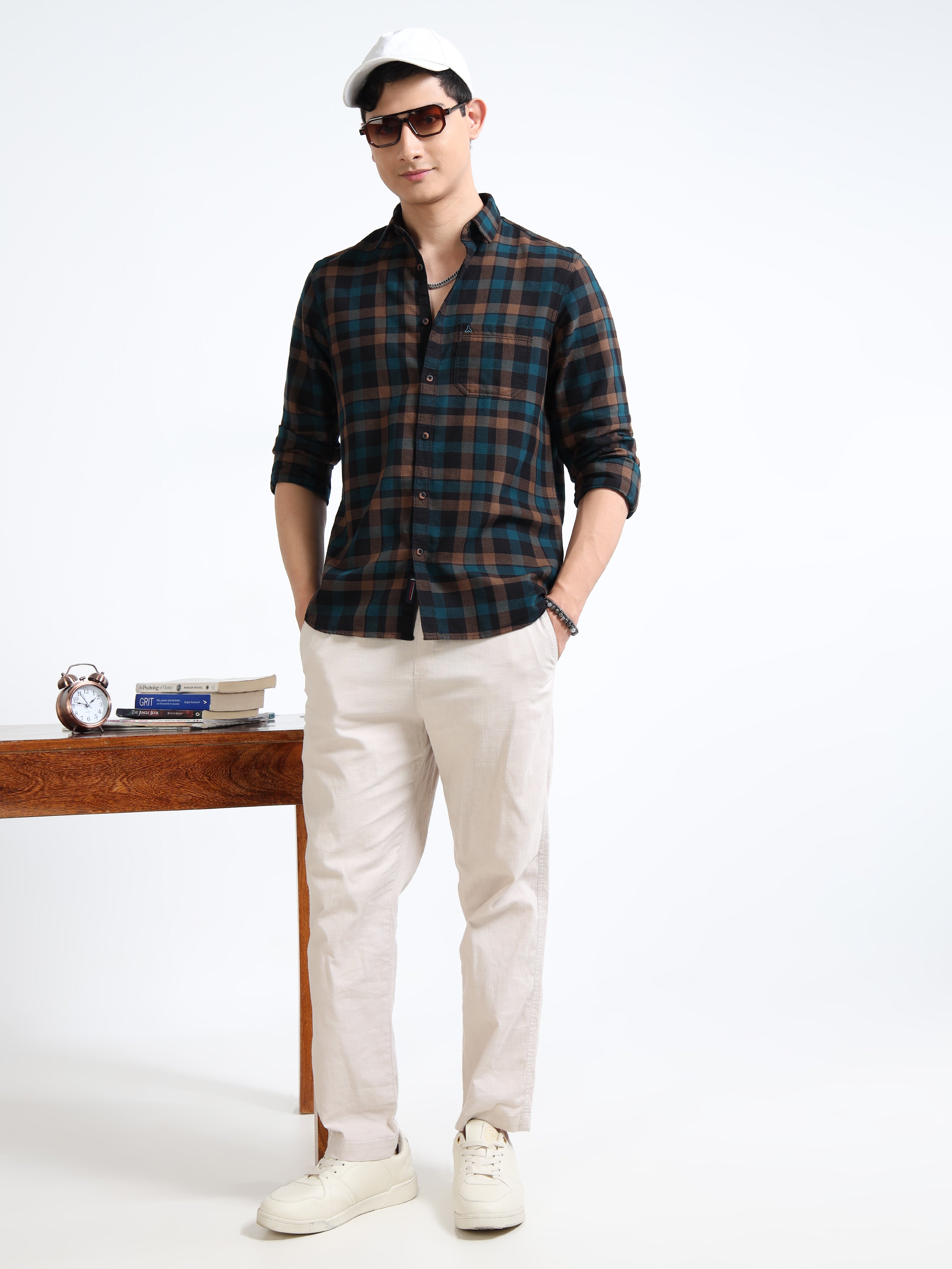 MEN'S DK.KHAKI CHECKS SLIM FIT SHIRT