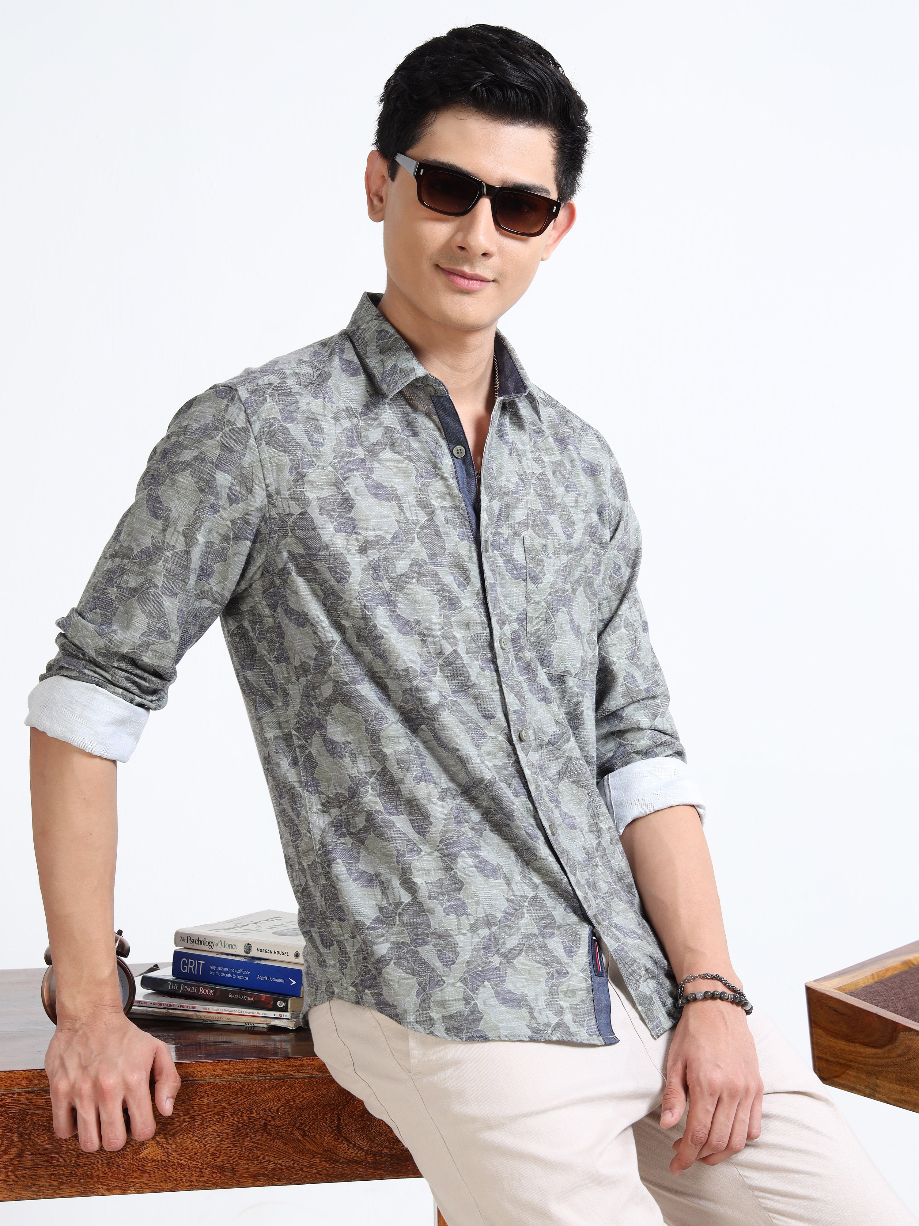 MEN'S GREEN PRINT SLIM FIT SHIRT