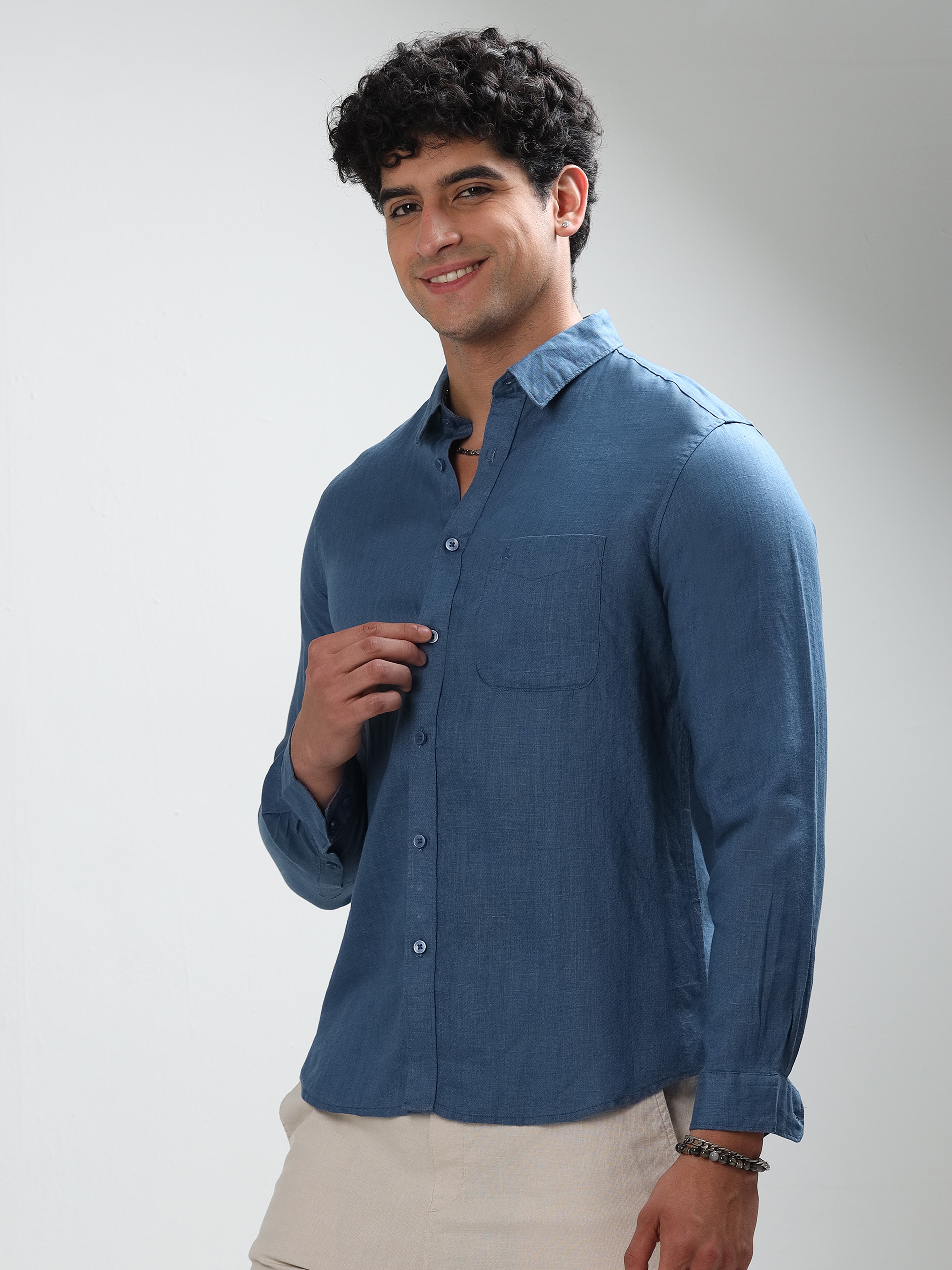 MEN'S BLUE SOLID SLIM FIT LINEN SHIRT