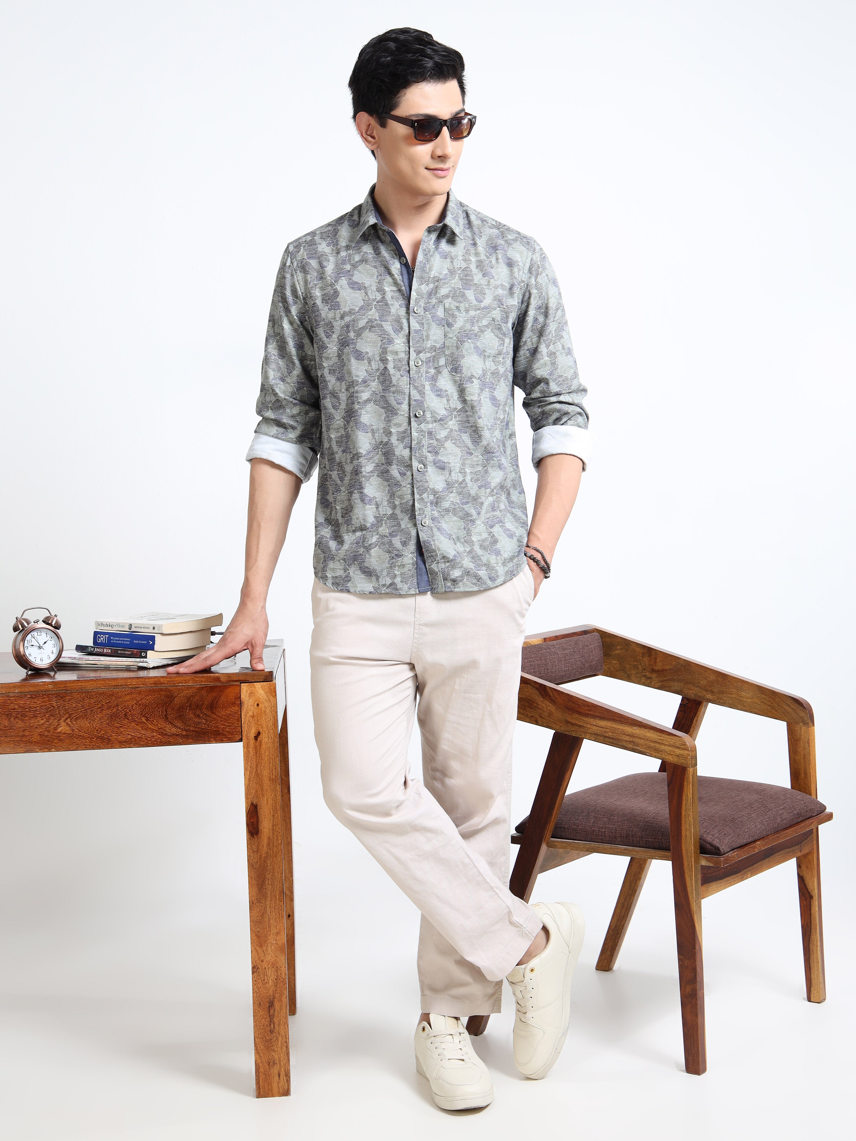 MEN'S GREEN PRINT SLIM FIT SHIRT