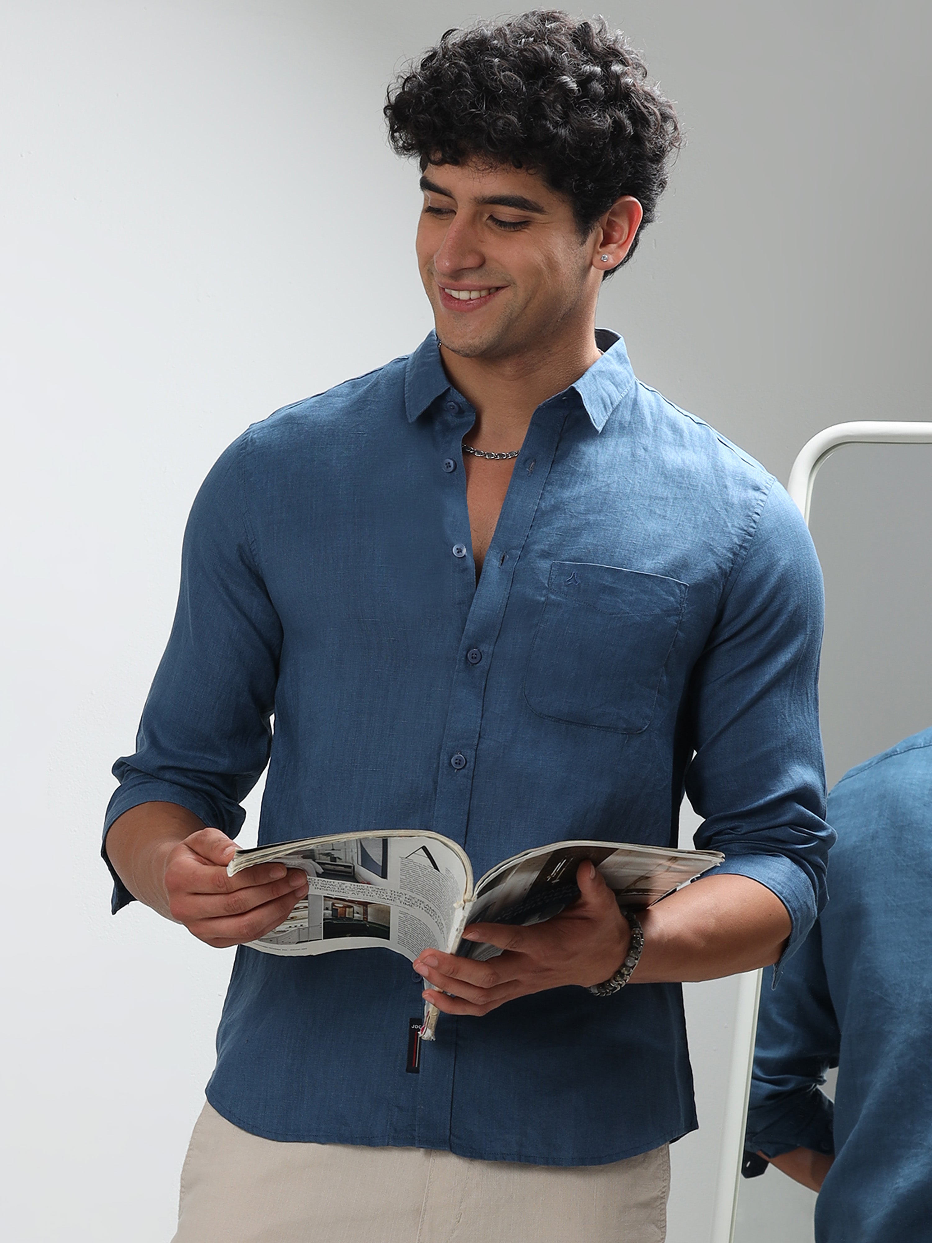 MEN'S BLUE SOLID SLIM FIT LINEN SHIRT