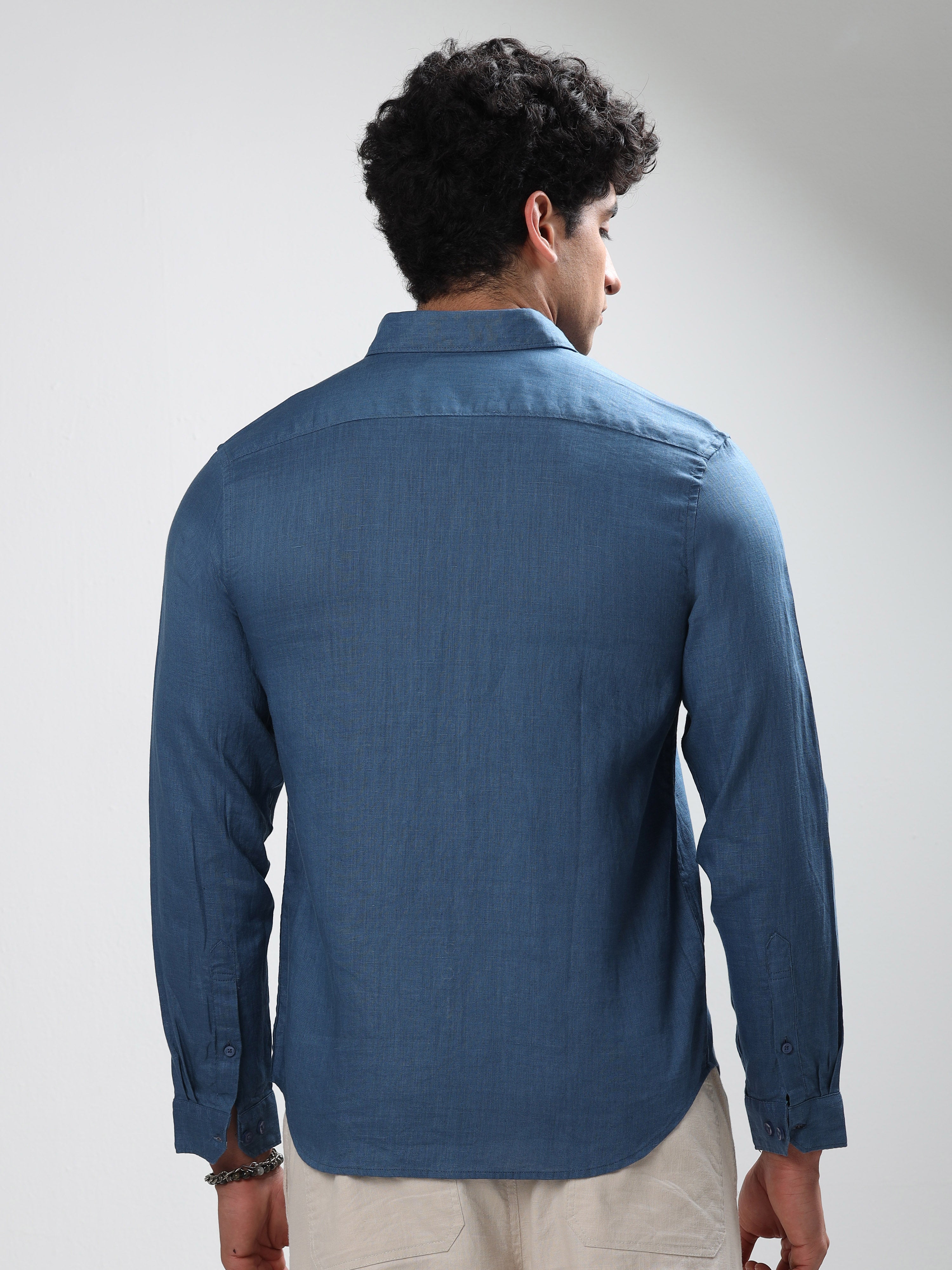 MEN'S BLUE SOLID SLIM FIT LINEN SHIRT