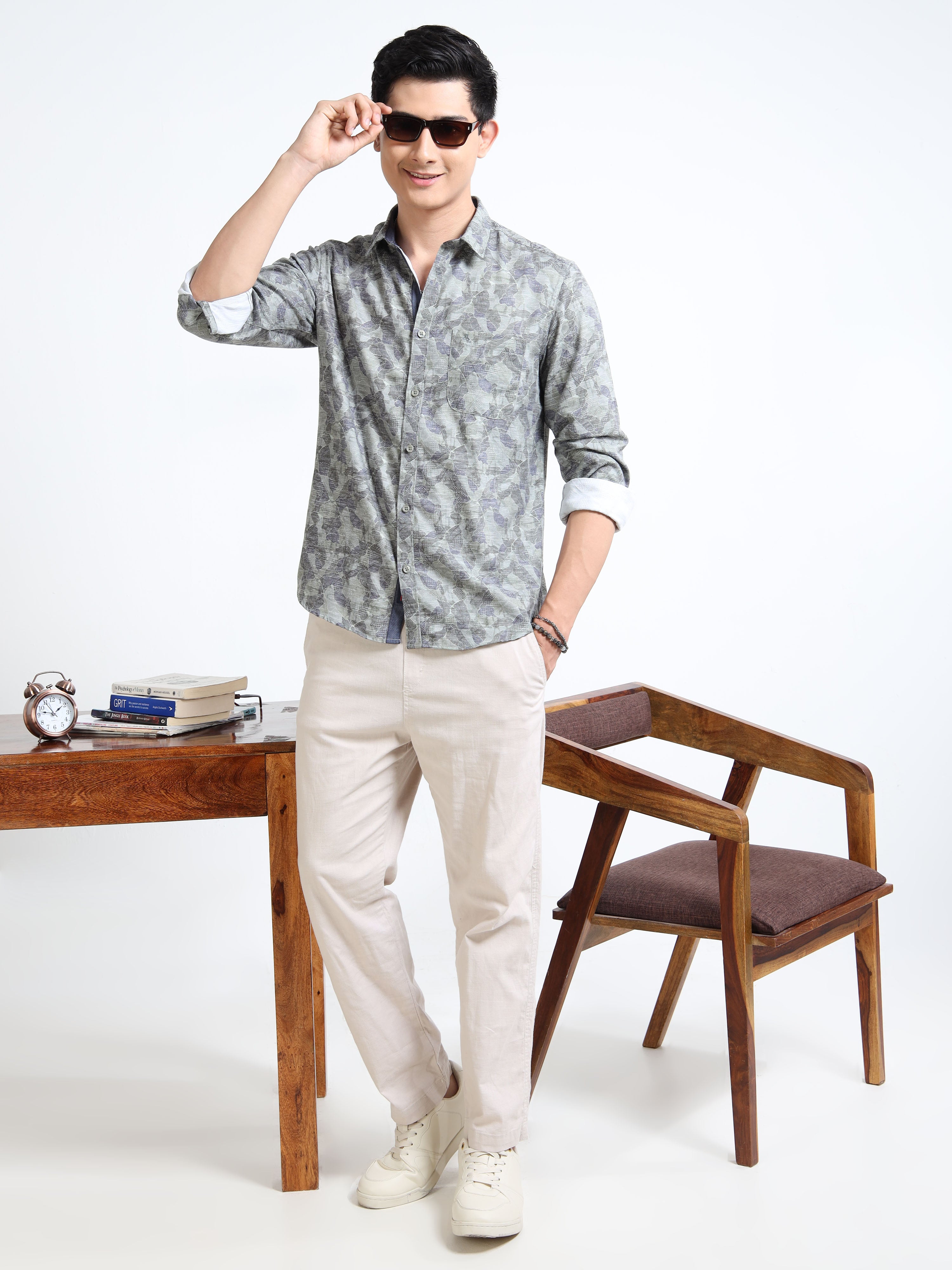 MEN'S GREEN PRINT SLIM FIT SHIRT