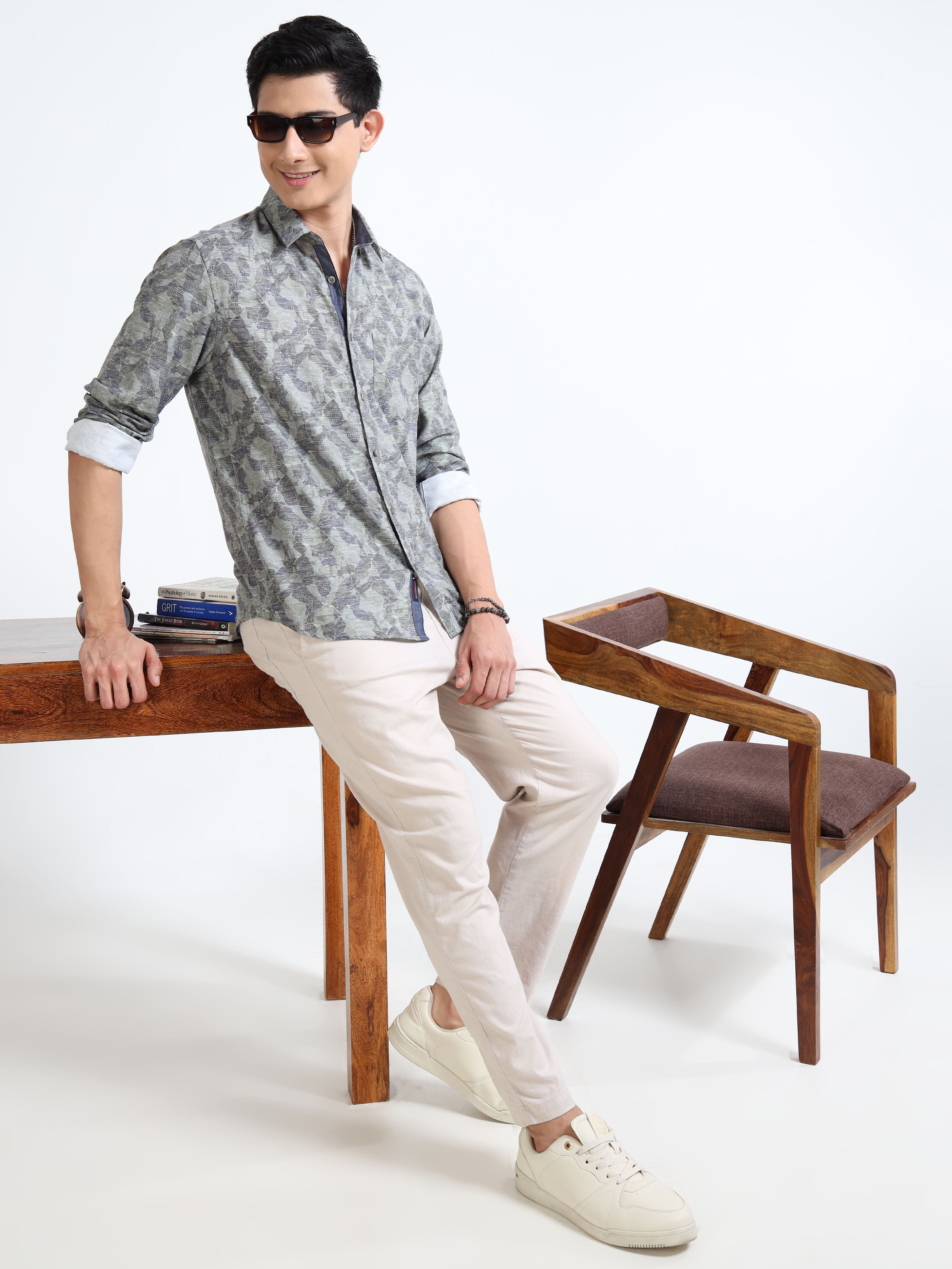 MEN'S GREEN PRINT SLIM FIT SHIRT