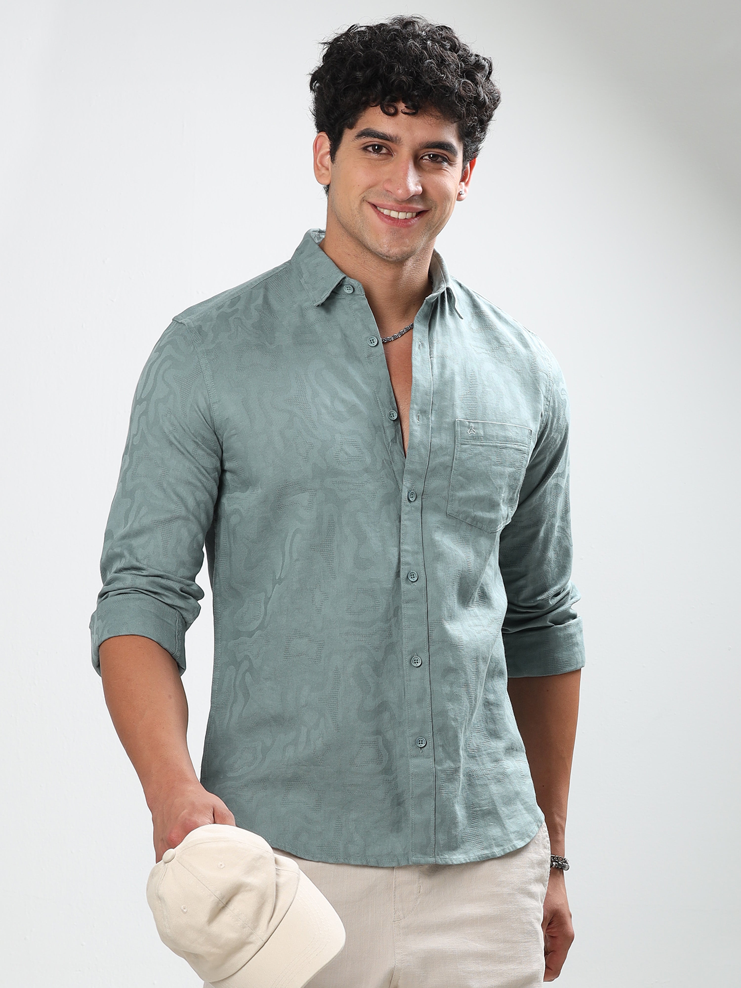 MEN'S CADET BLUE SELF DESIGN SLIM FIT SHIRT