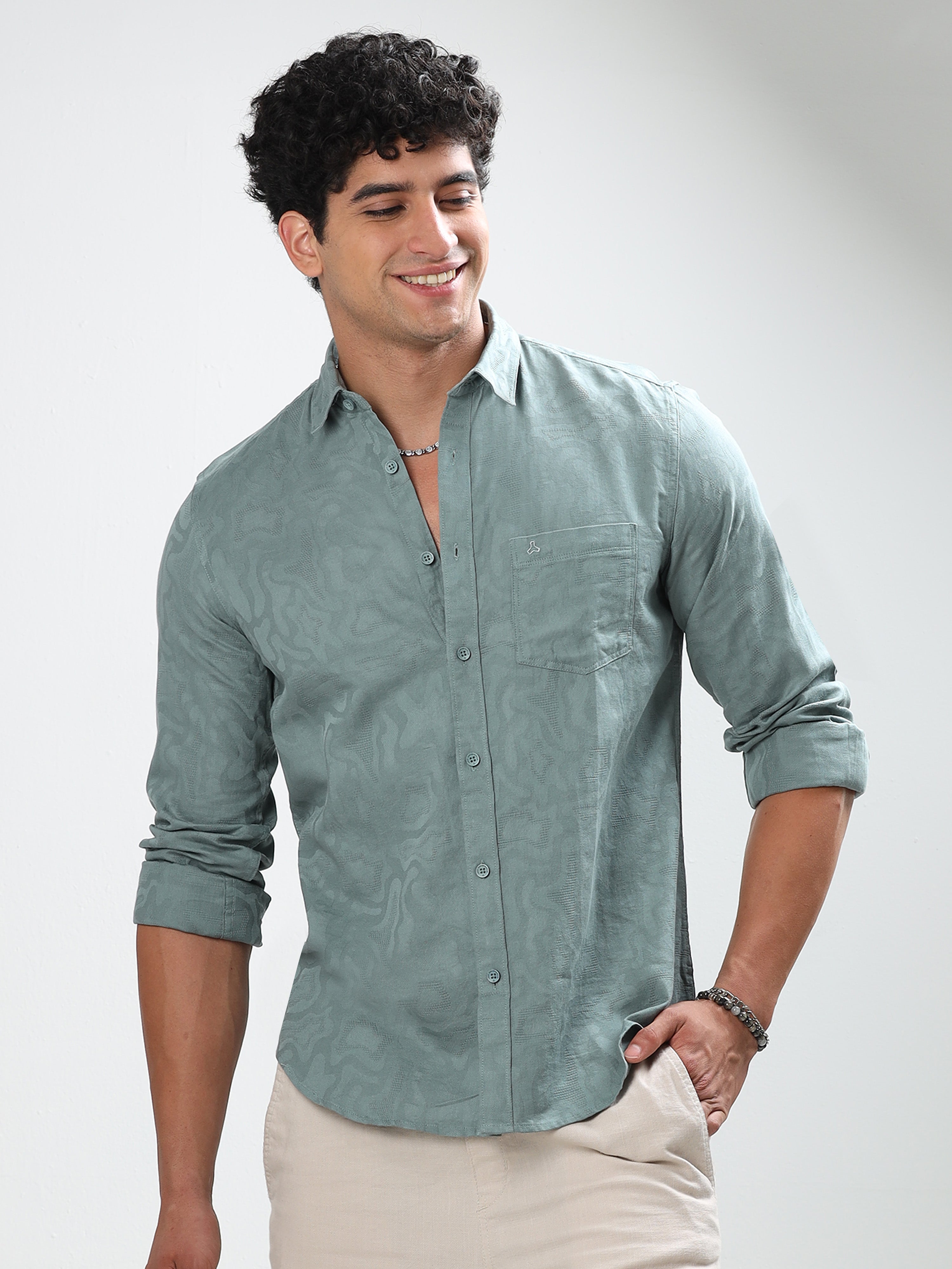 MEN'S CADET BLUE SELF DESIGN SLIM FIT SHIRT