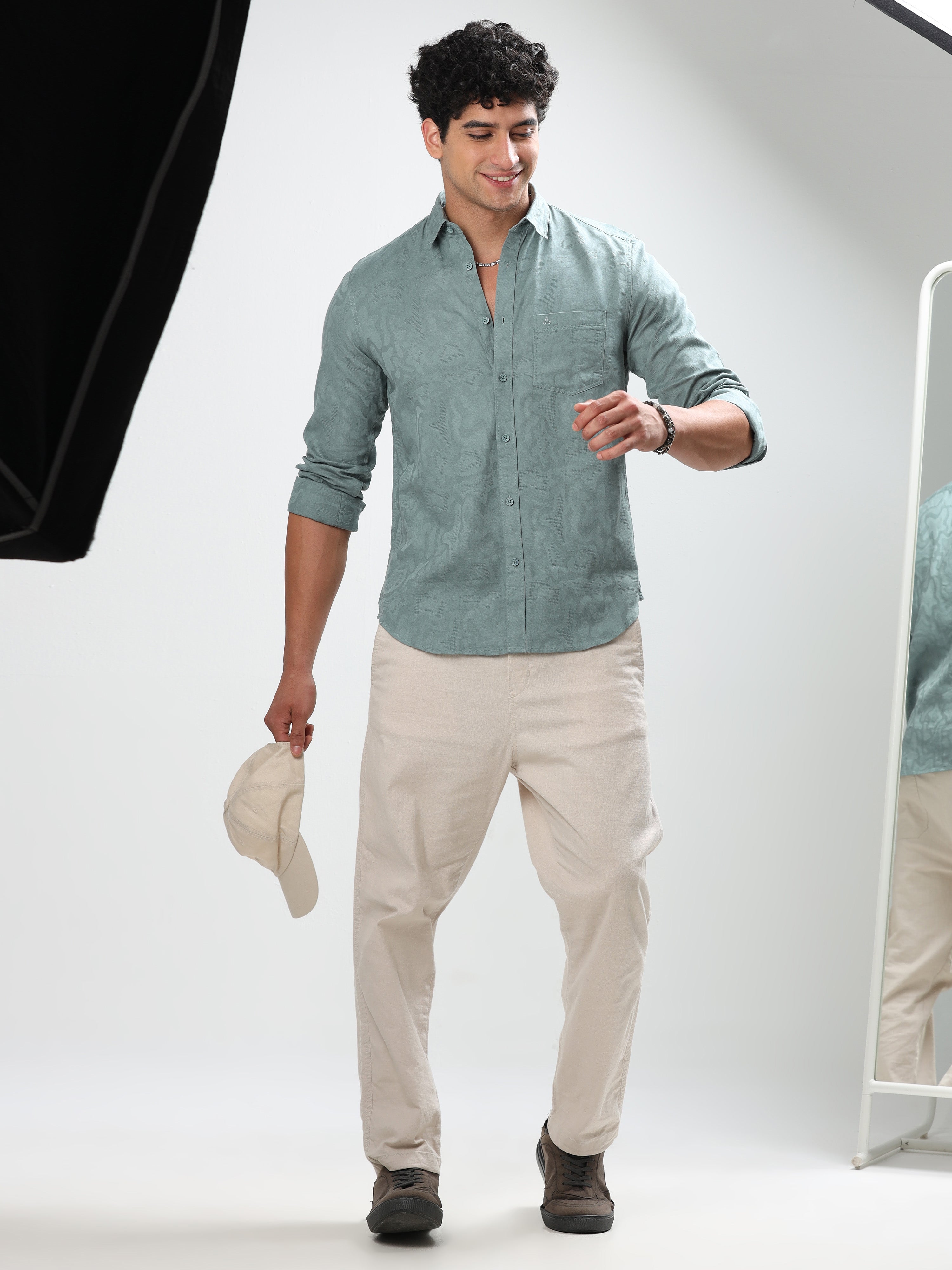 MEN'S CADET BLUE SELF DESIGN SLIM FIT SHIRT