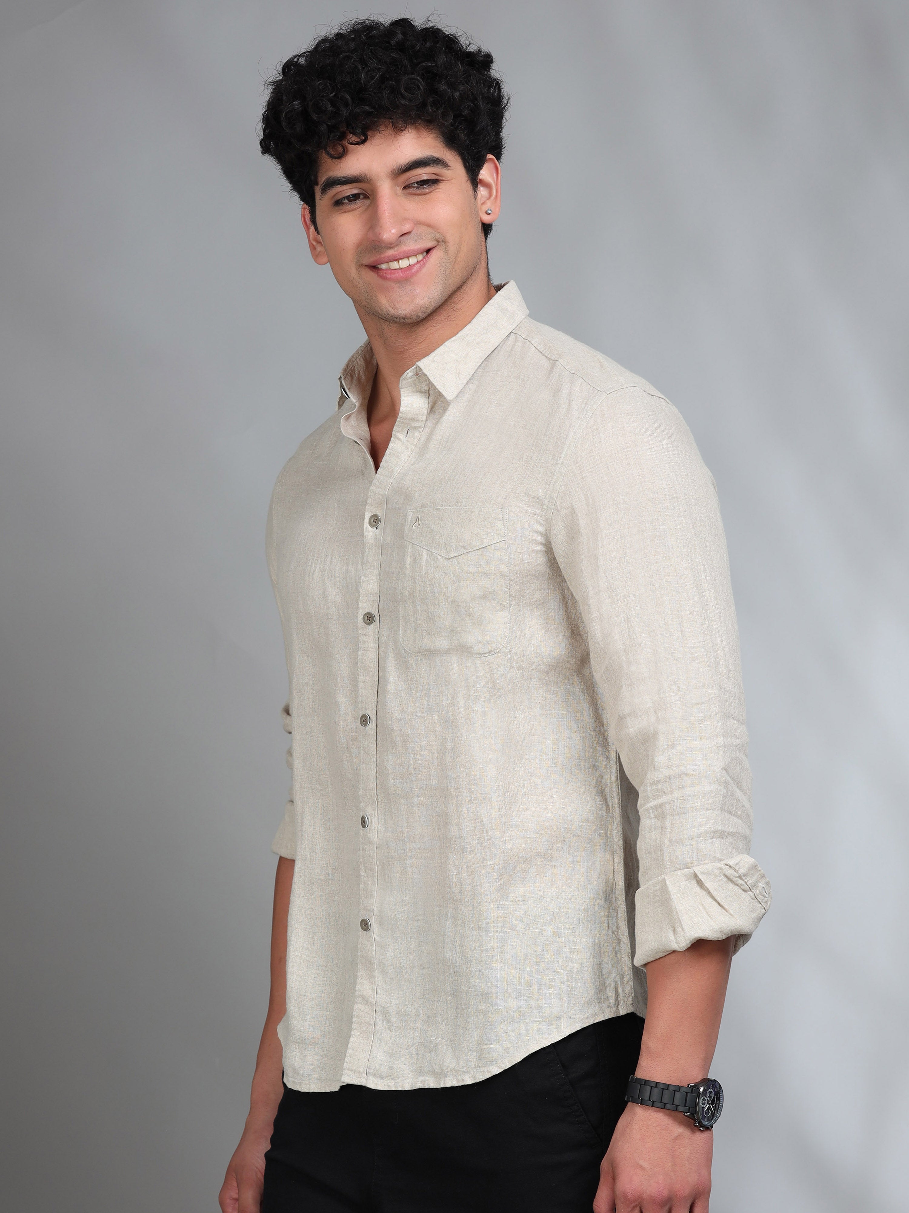 MEN'S D.NATURAL SOLID SLIM FIT LINEN SHIRT