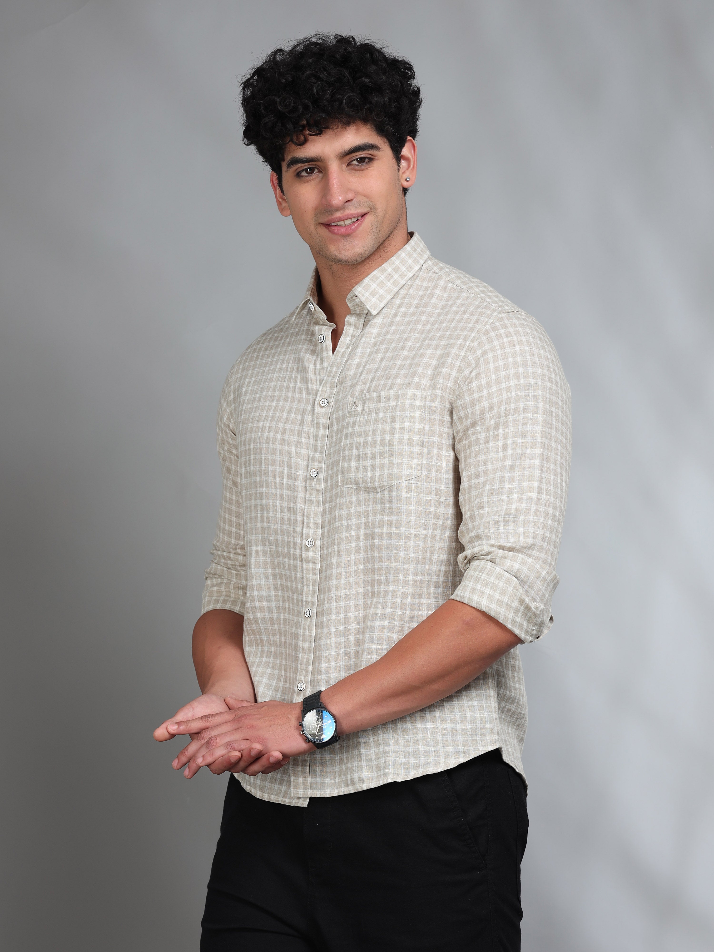 MEN'S BEIGE CHECKS SLIM FIT LINEN SHIRT