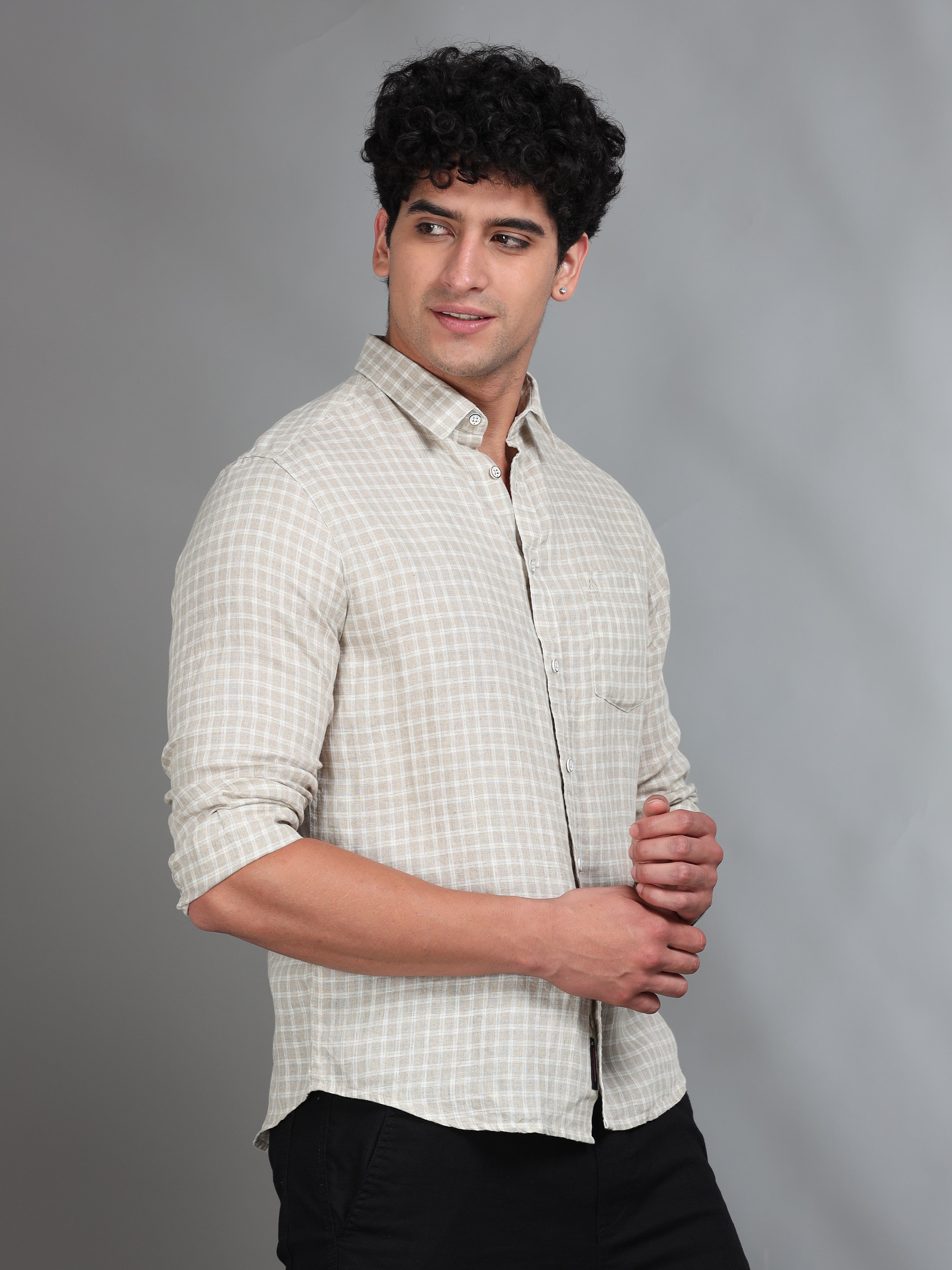MEN'S BEIGE CHECKS SLIM FIT LINEN SHIRT
