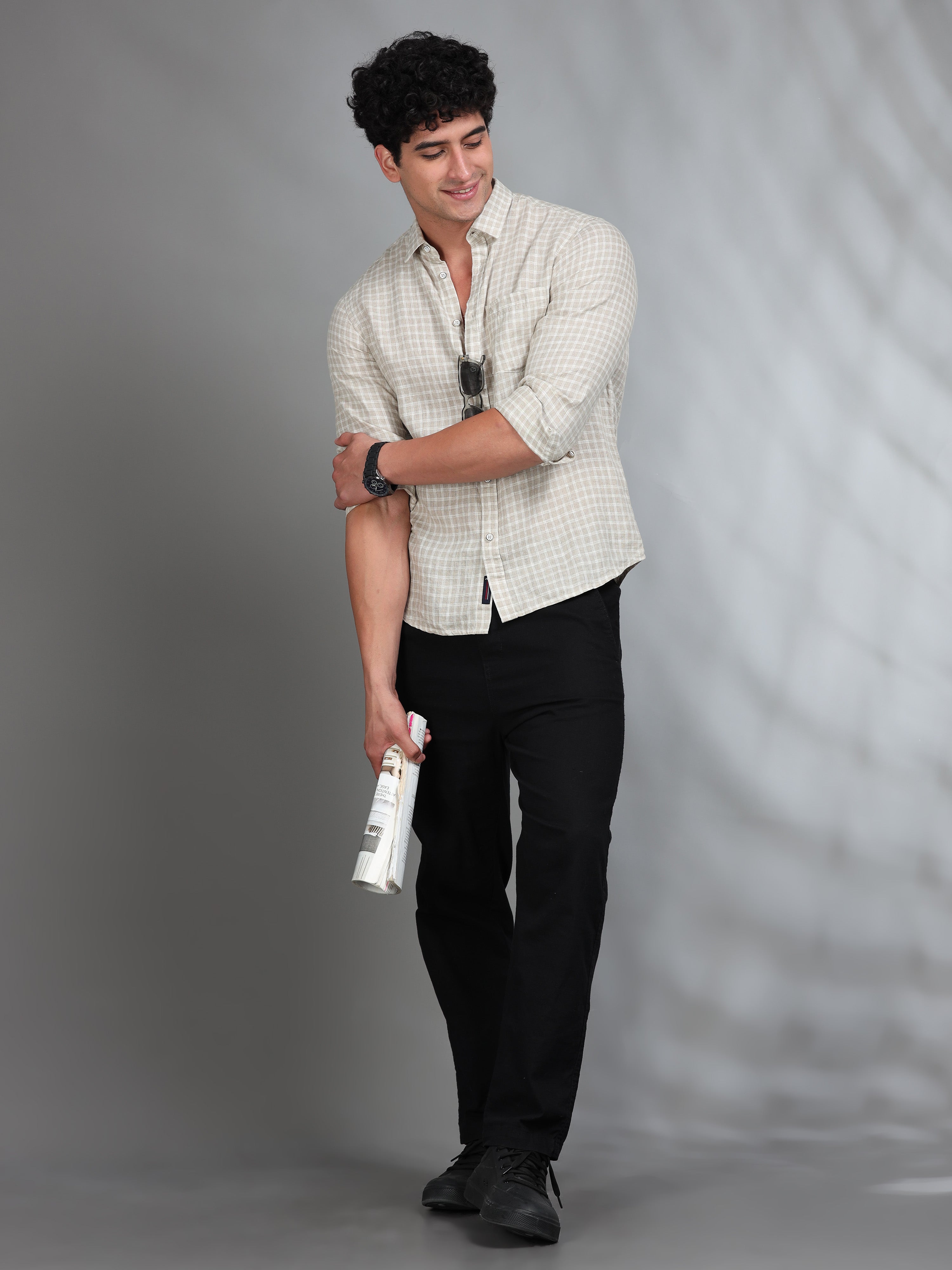 MEN'S BEIGE CHECKS SLIM FIT LINEN SHIRT