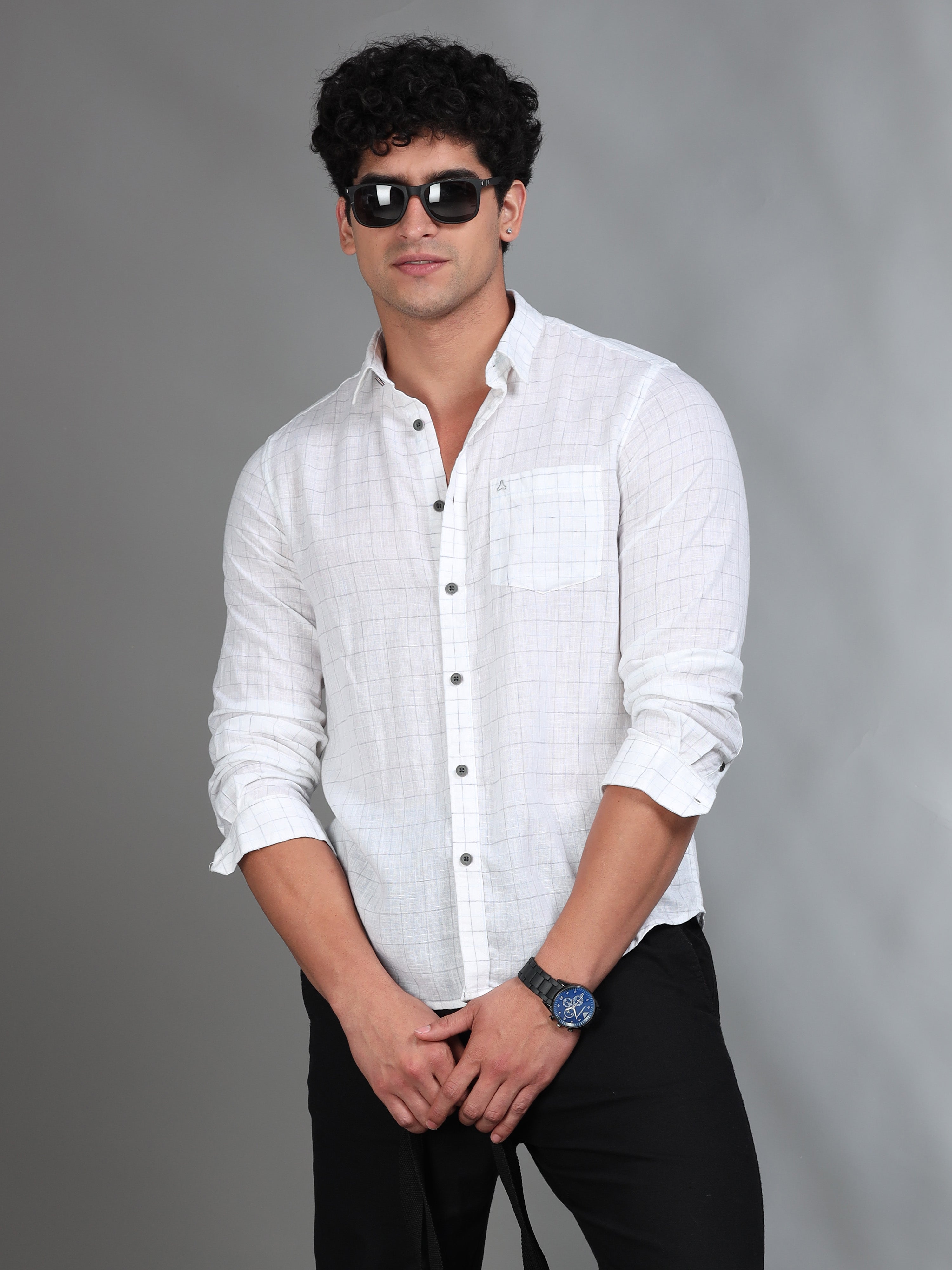 MEN'S BLUE CHECKS SLIM FIT LINEN SHIRT