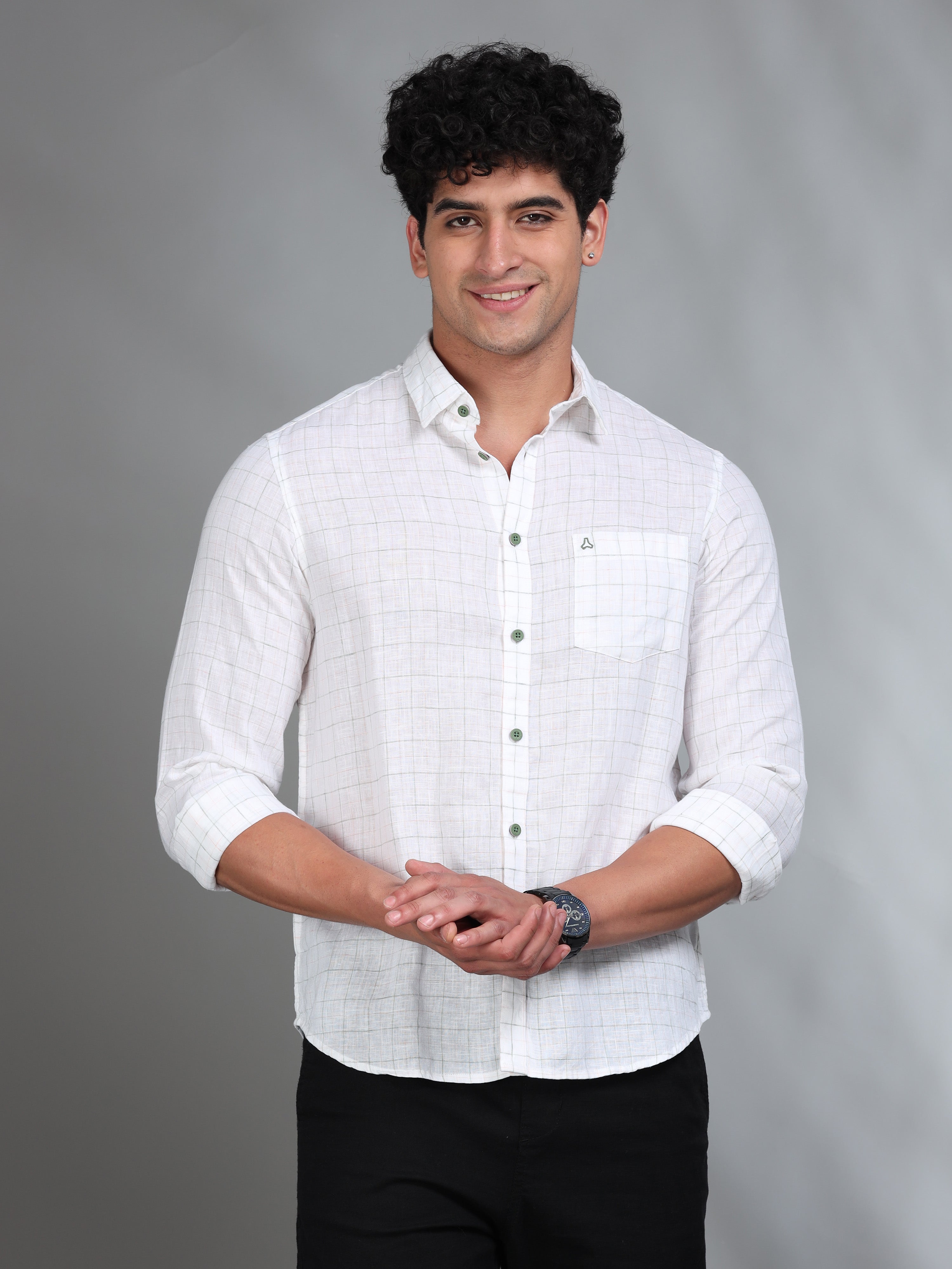 MEN'S GREEN CHECKS SLIM FIT LINEN SHIRT