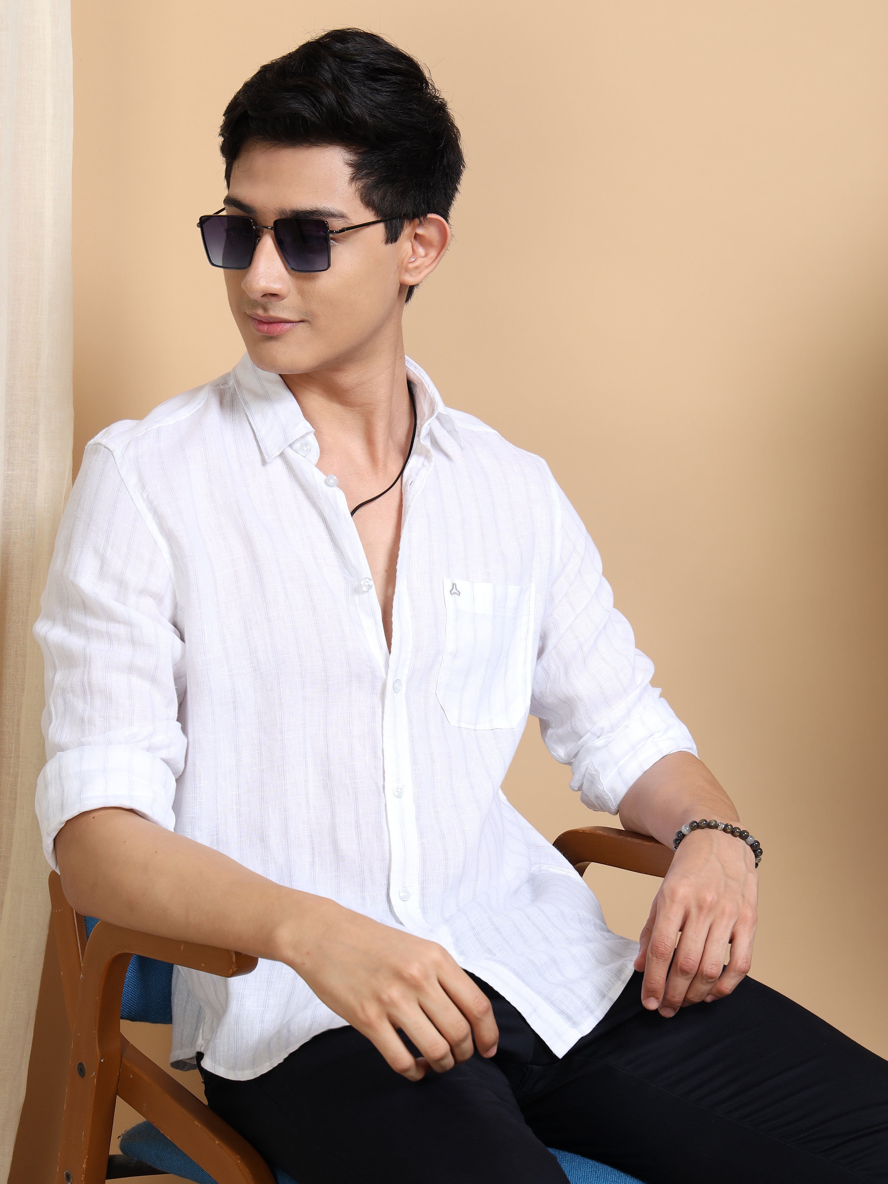 MEN'S WHITE STRIPES SLIM FIT LINEN SHIRT