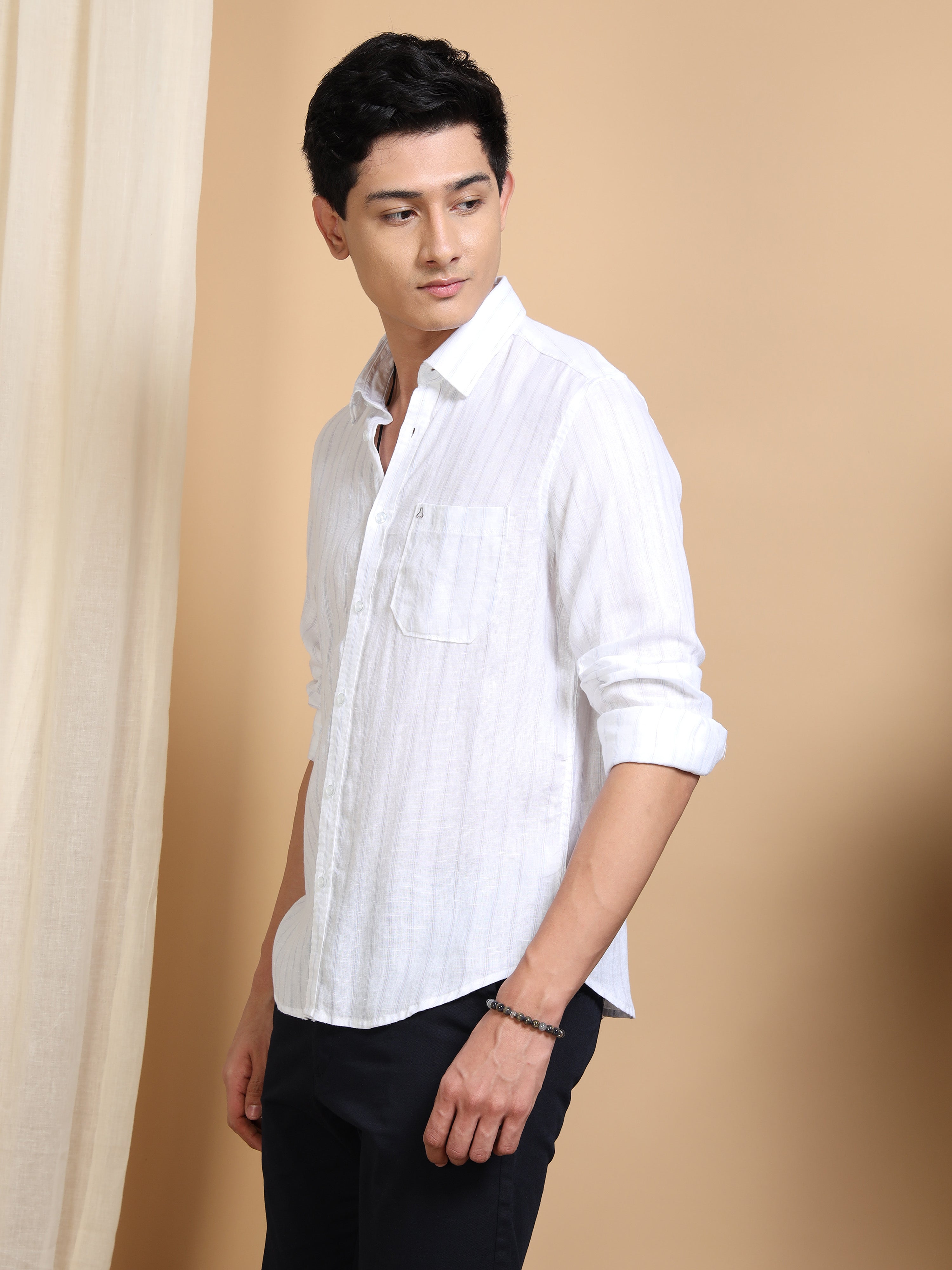 MEN'S WHITE STRIPES SLIM FIT LINEN SHIRT
