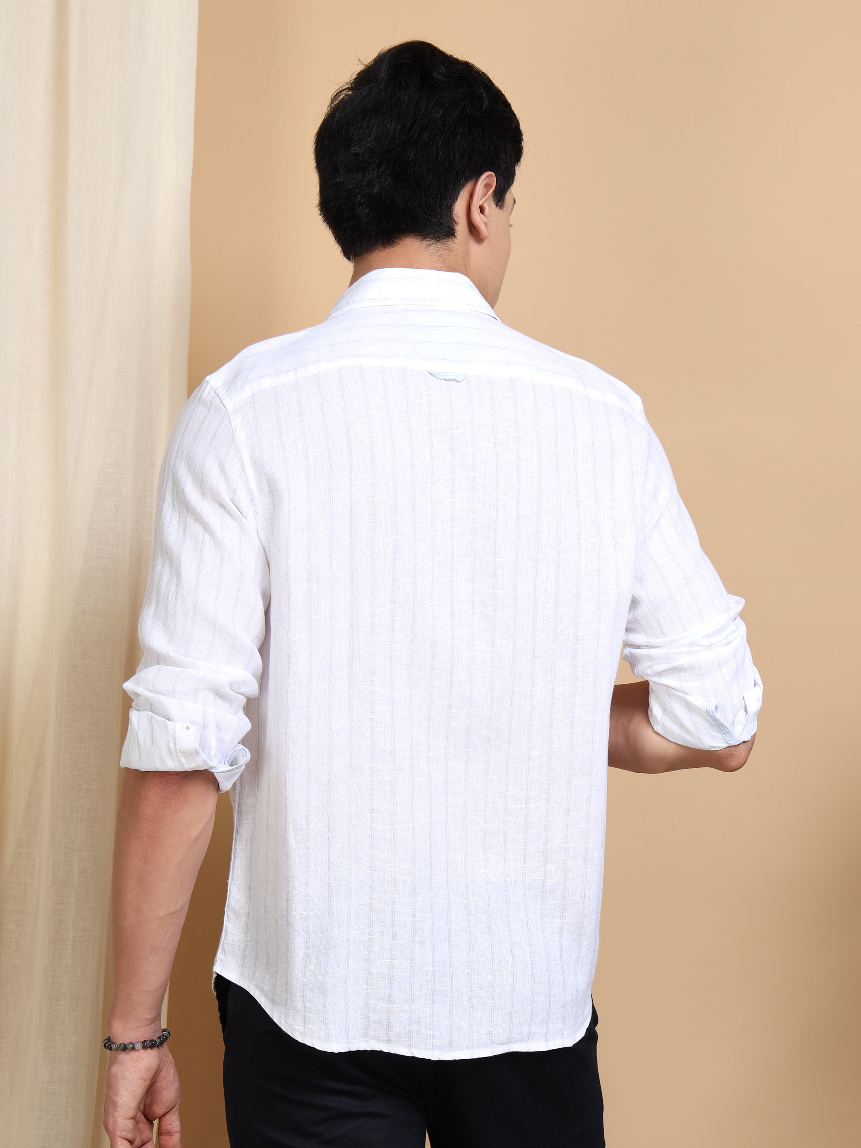 MEN'S WHITE STRIPES SLIM FIT LINEN SHIRT
