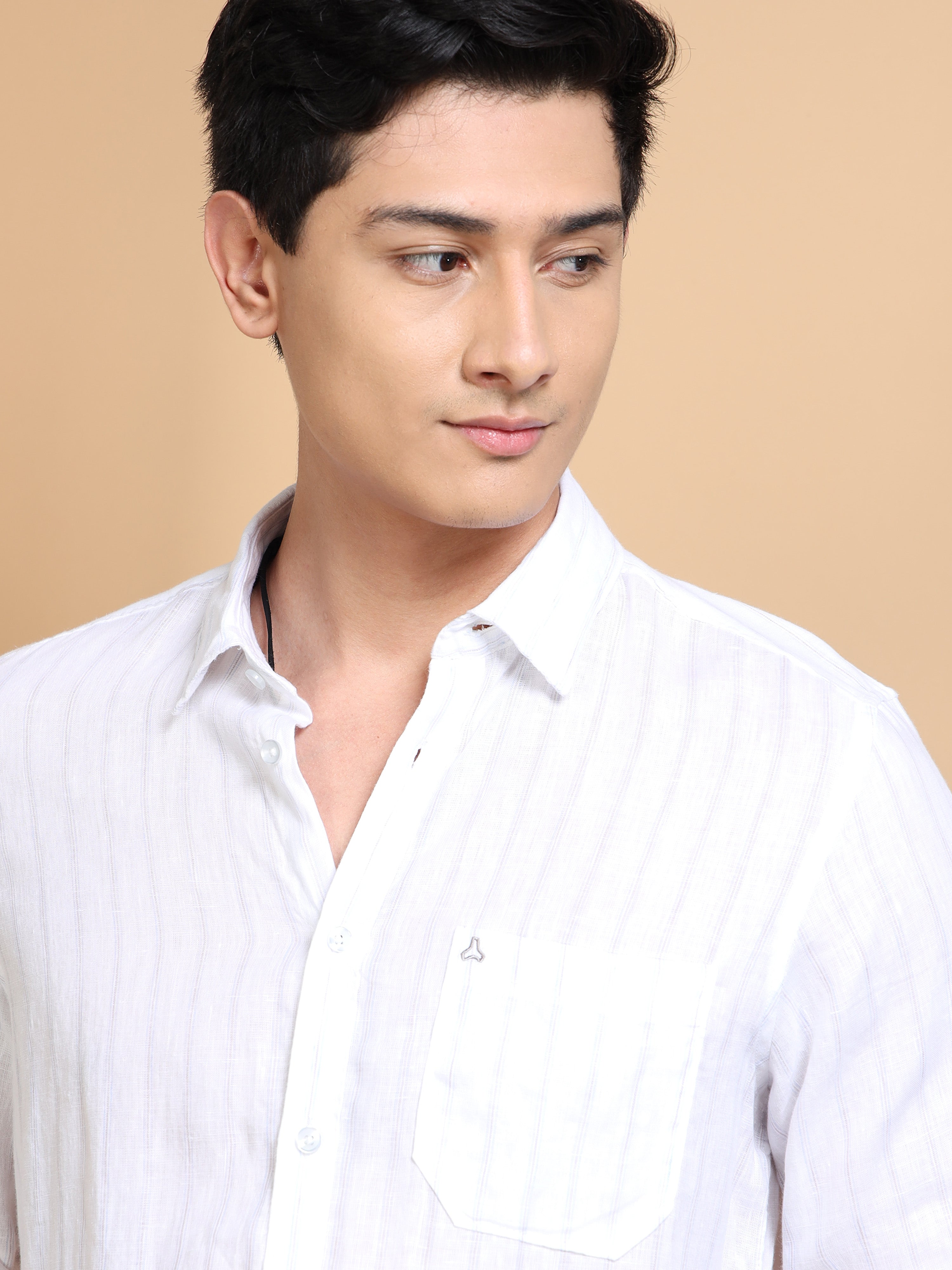 MEN'S WHITE STRIPES SLIM FIT LINEN SHIRT
