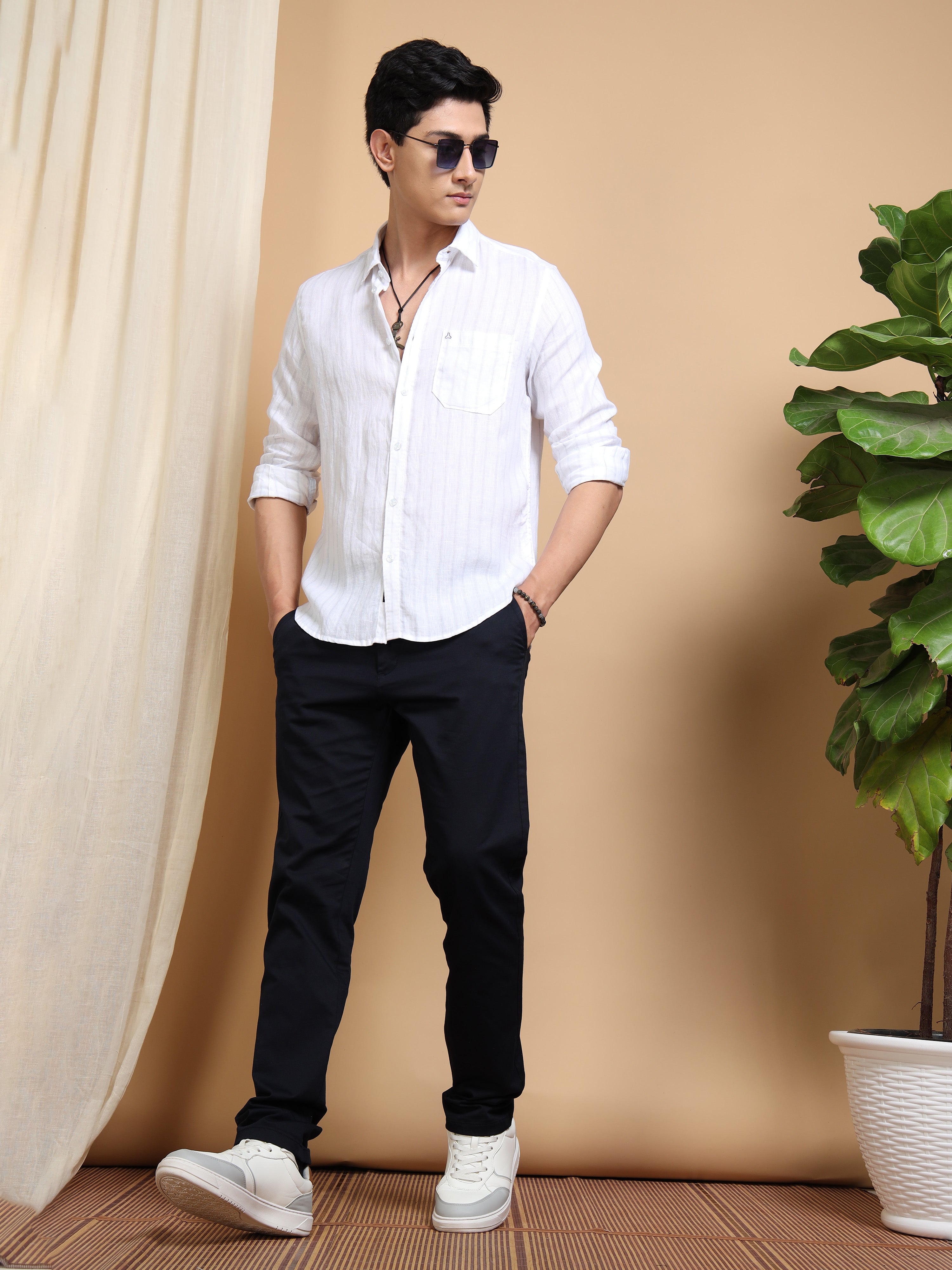 MEN'S WHITE STRIPES SLIM FIT LINEN SHIRT