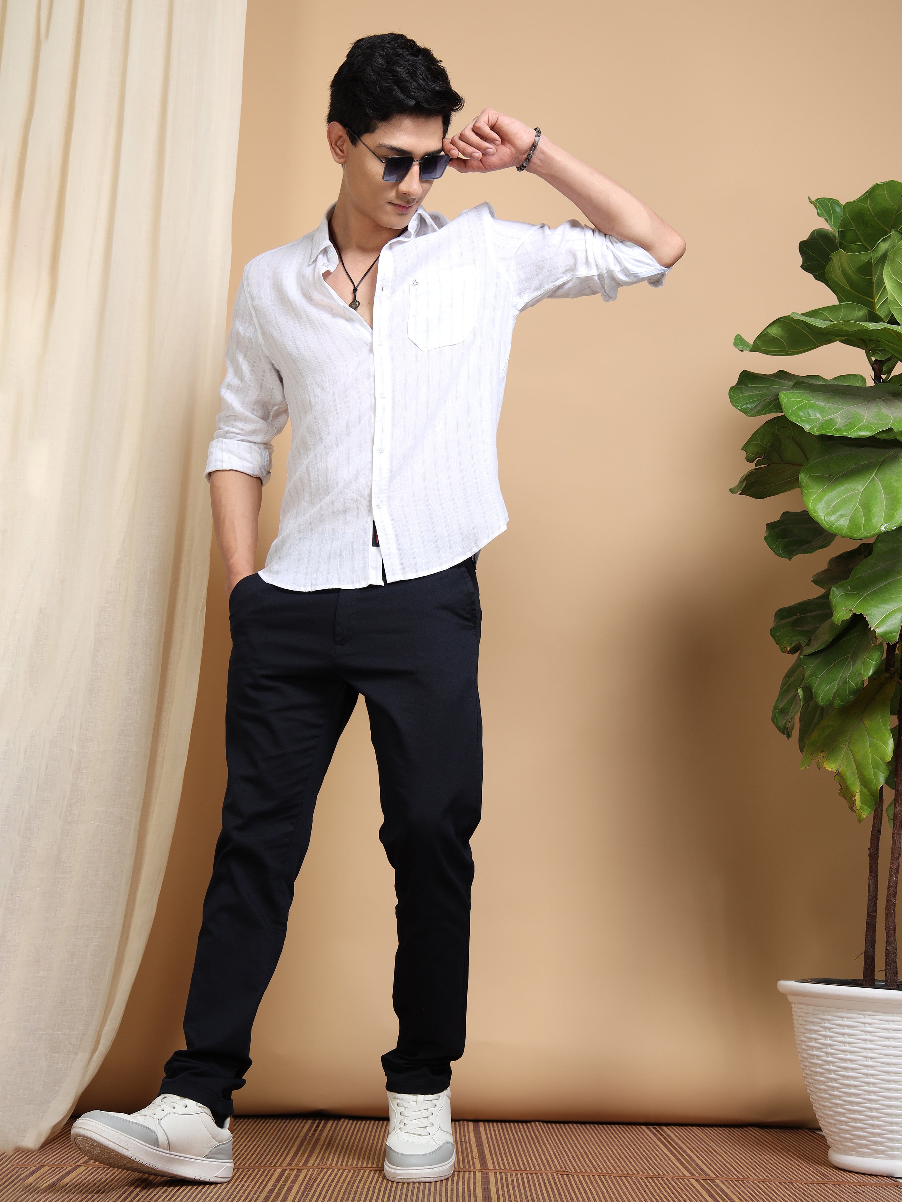 MEN'S WHITE STRIPES SLIM FIT LINEN SHIRT