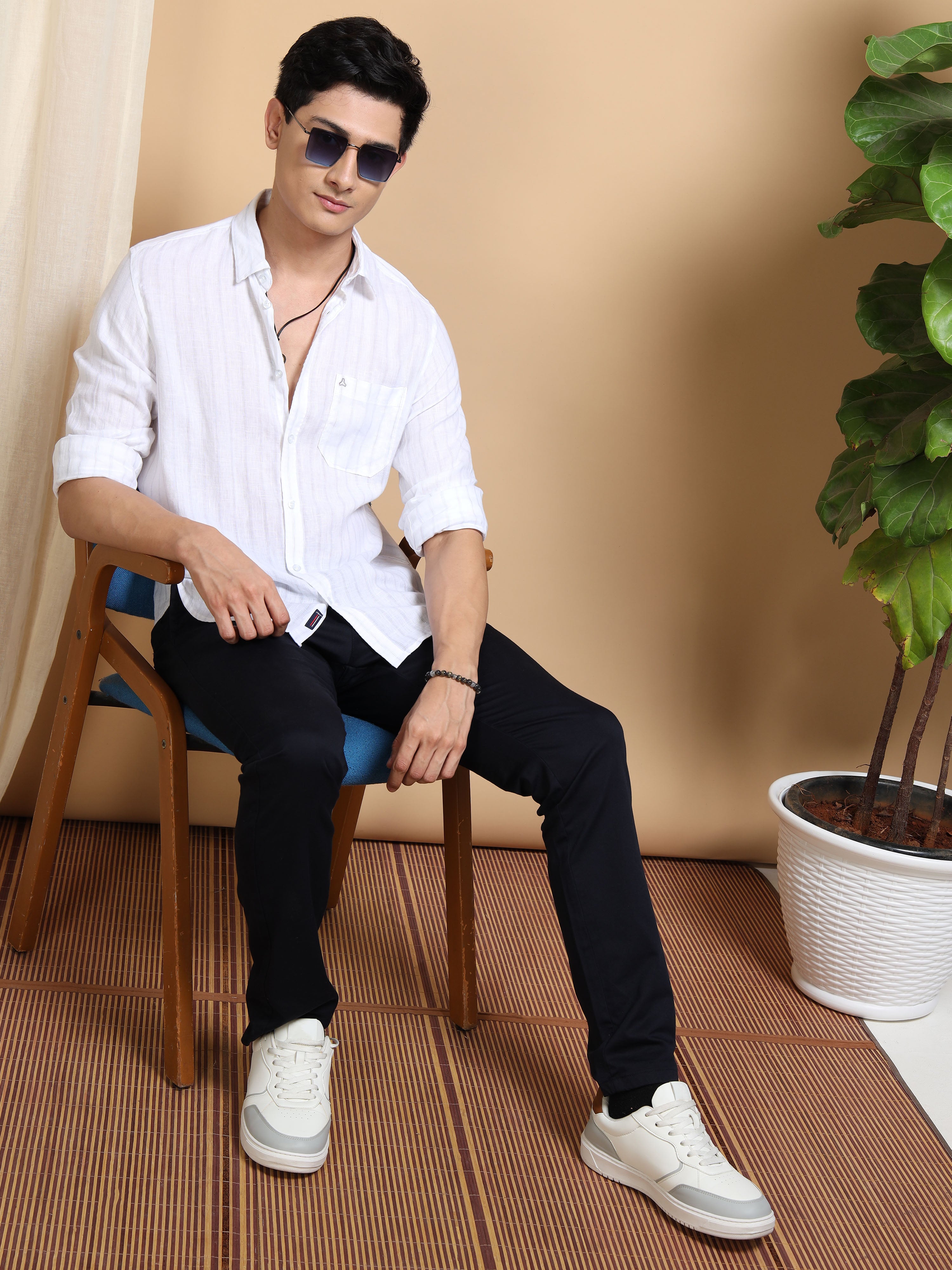 MEN'S WHITE STRIPES SLIM FIT LINEN SHIRT