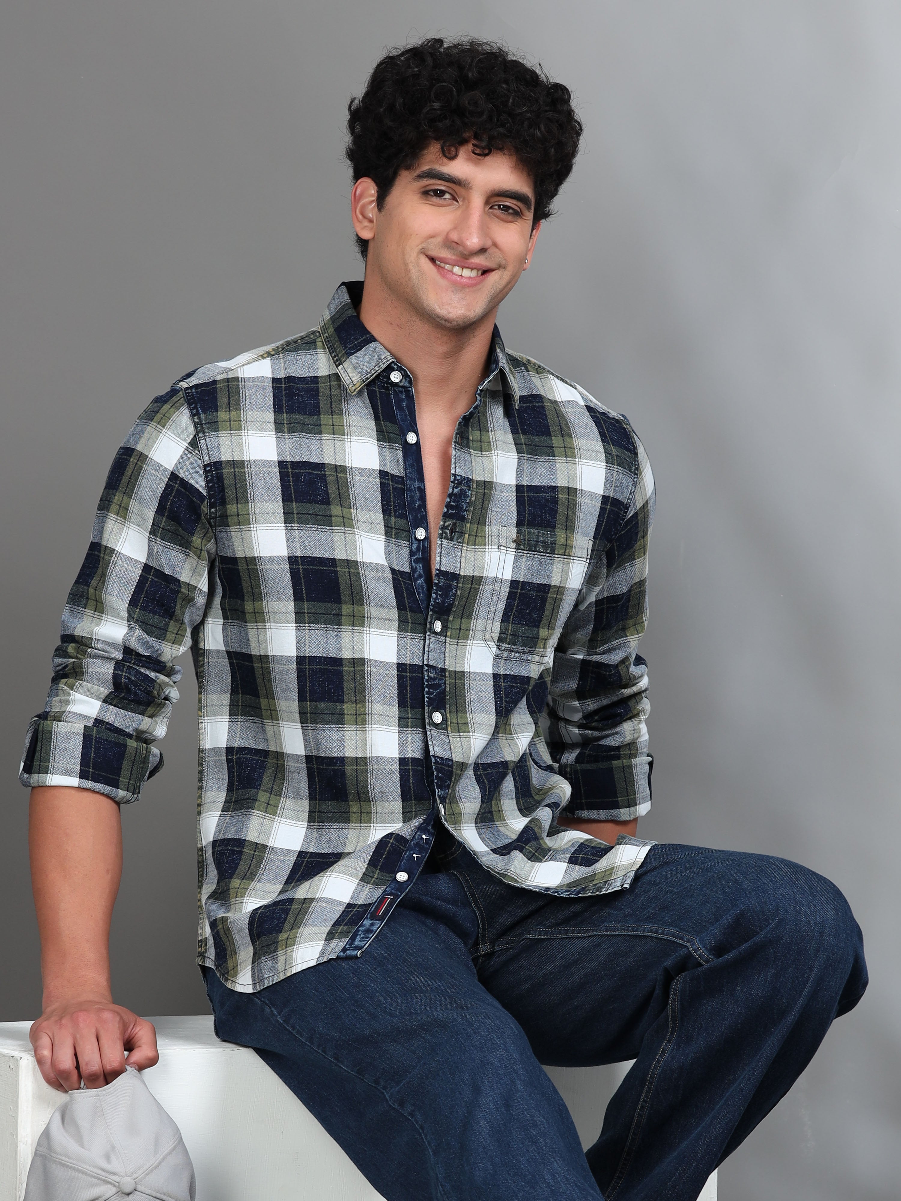 MEN'S GREEN INDIGO CHECKS SLIM FIT SHIRT