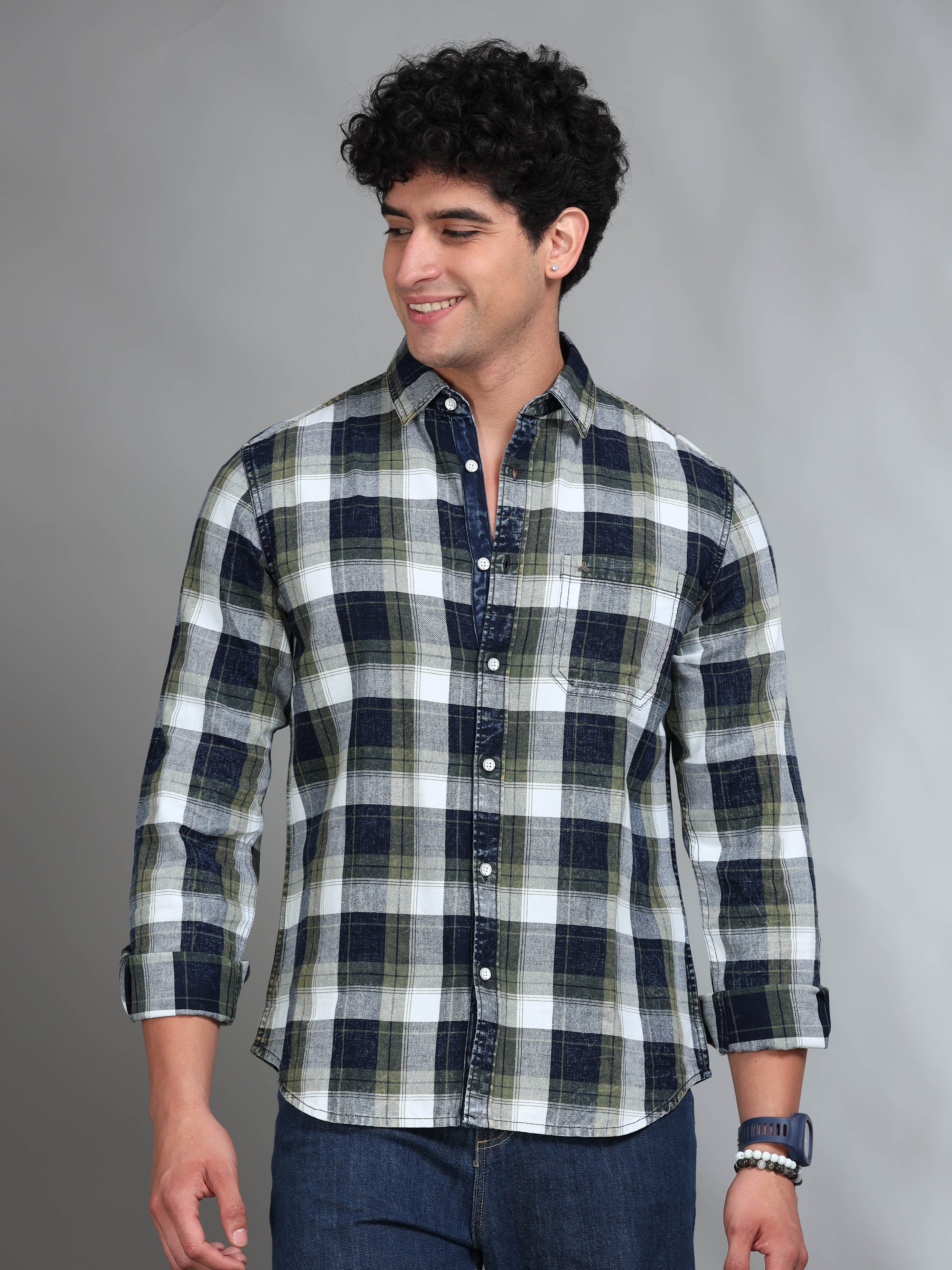 MEN'S GREEN INDIGO CHECKS SLIM FIT SHIRT