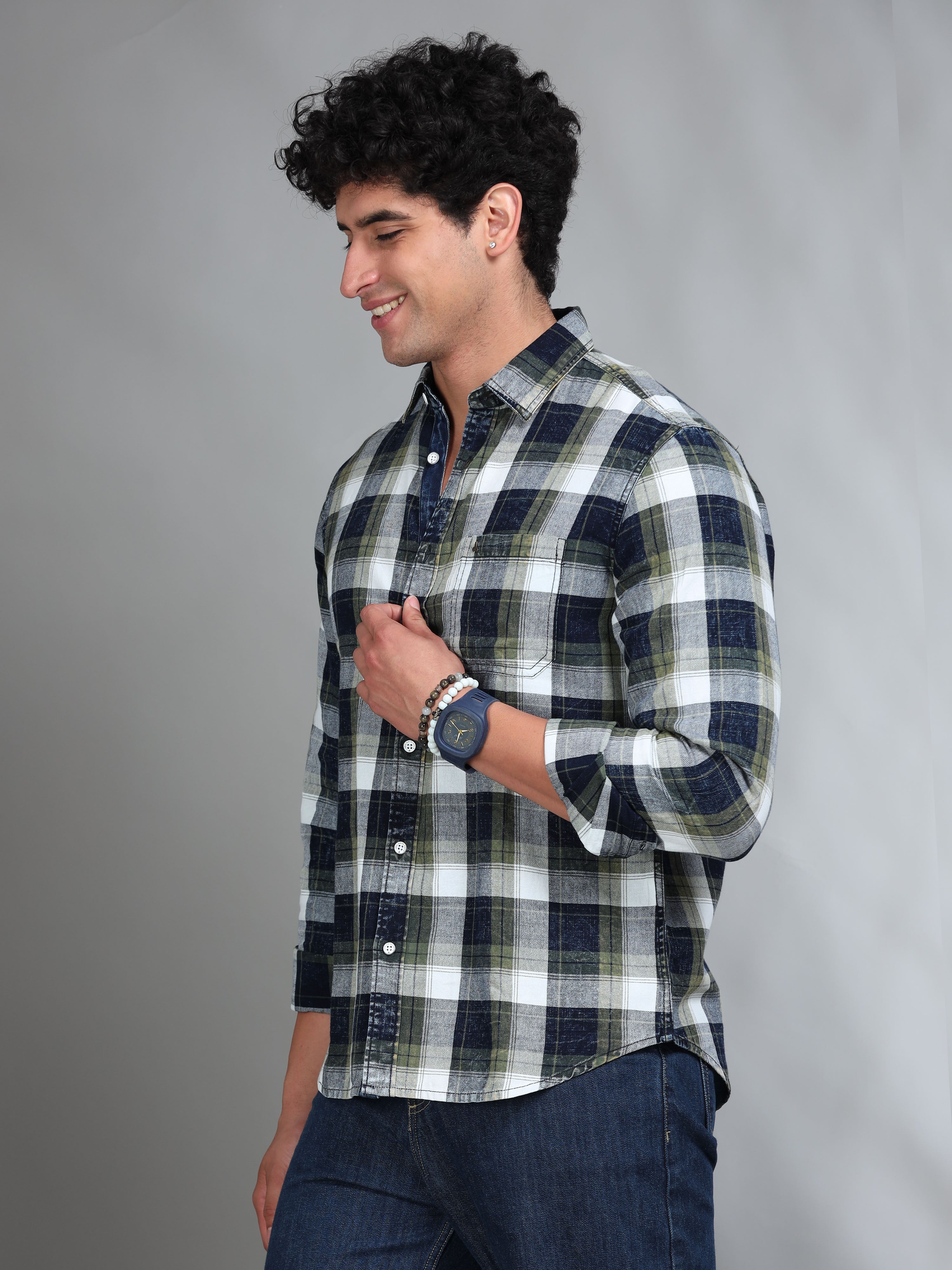MEN'S GREEN INDIGO CHECKS SLIM FIT SHIRT