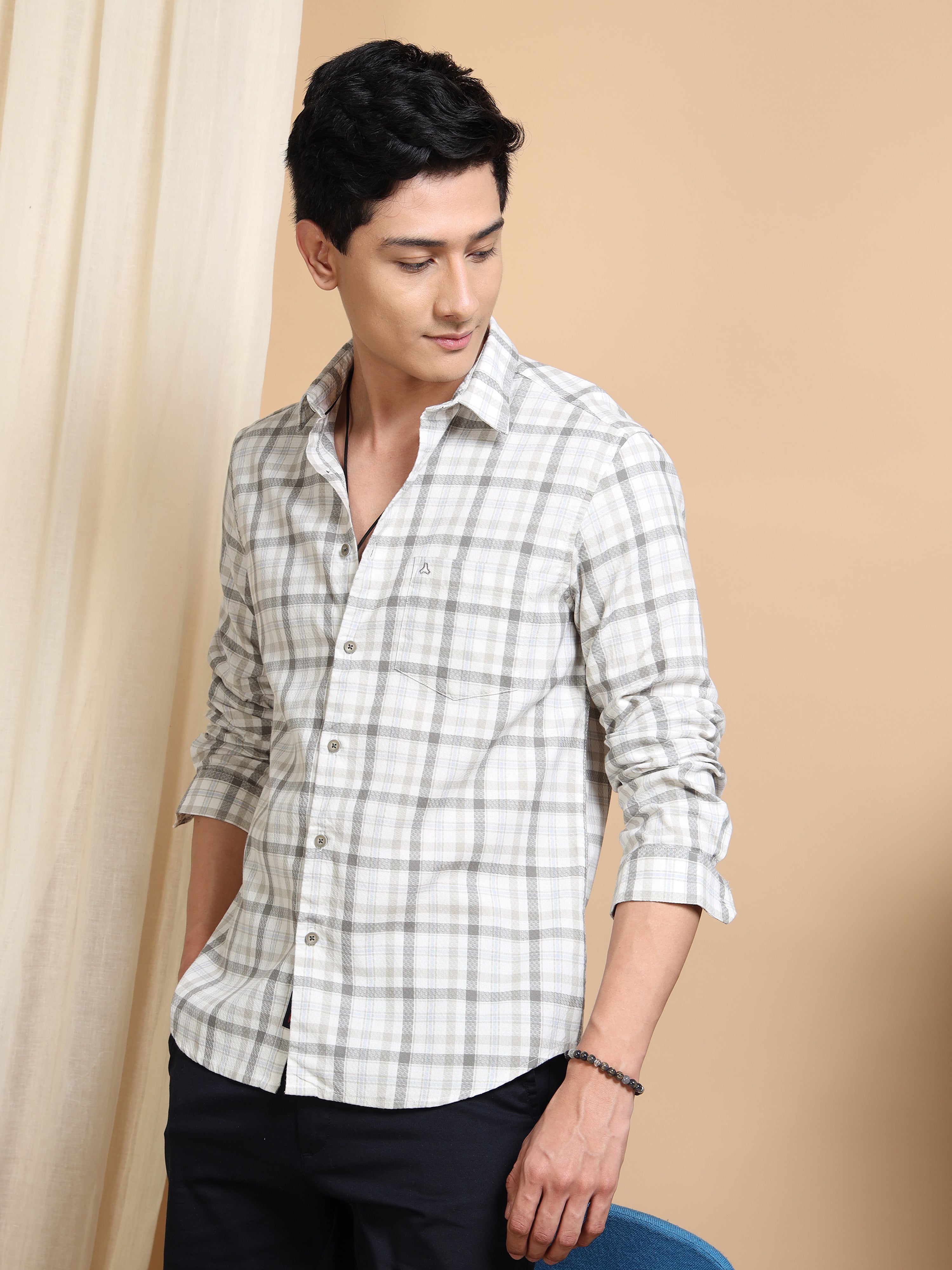 MEN'S GREY CHECKS SLIM FIT SHIRT