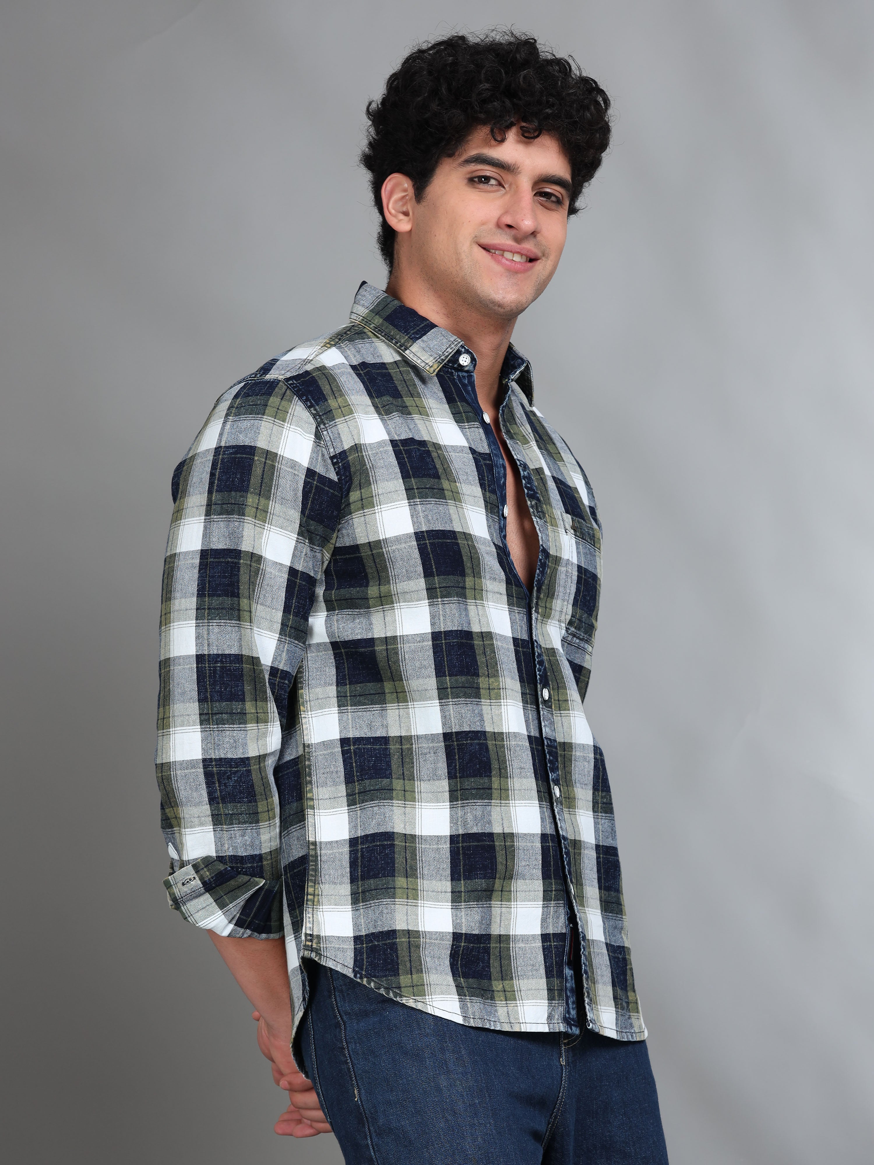 MEN'S GREEN INDIGO CHECKS SLIM FIT SHIRT