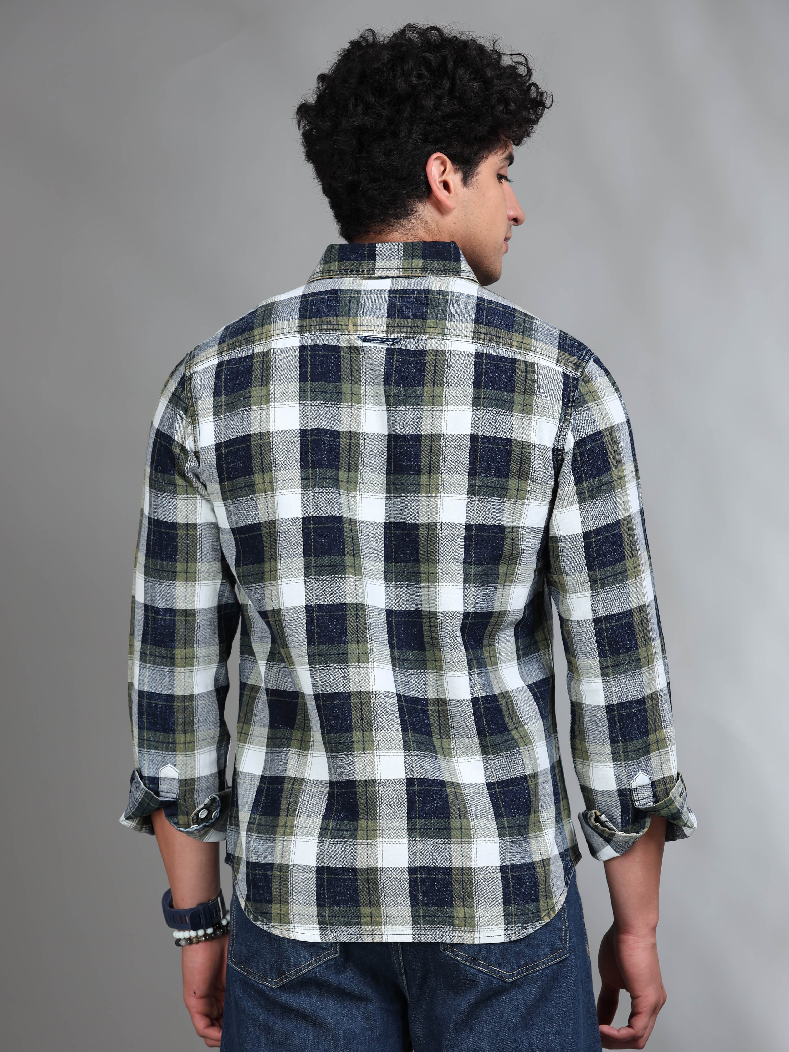 MEN'S GREEN INDIGO CHECKS SLIM FIT SHIRT