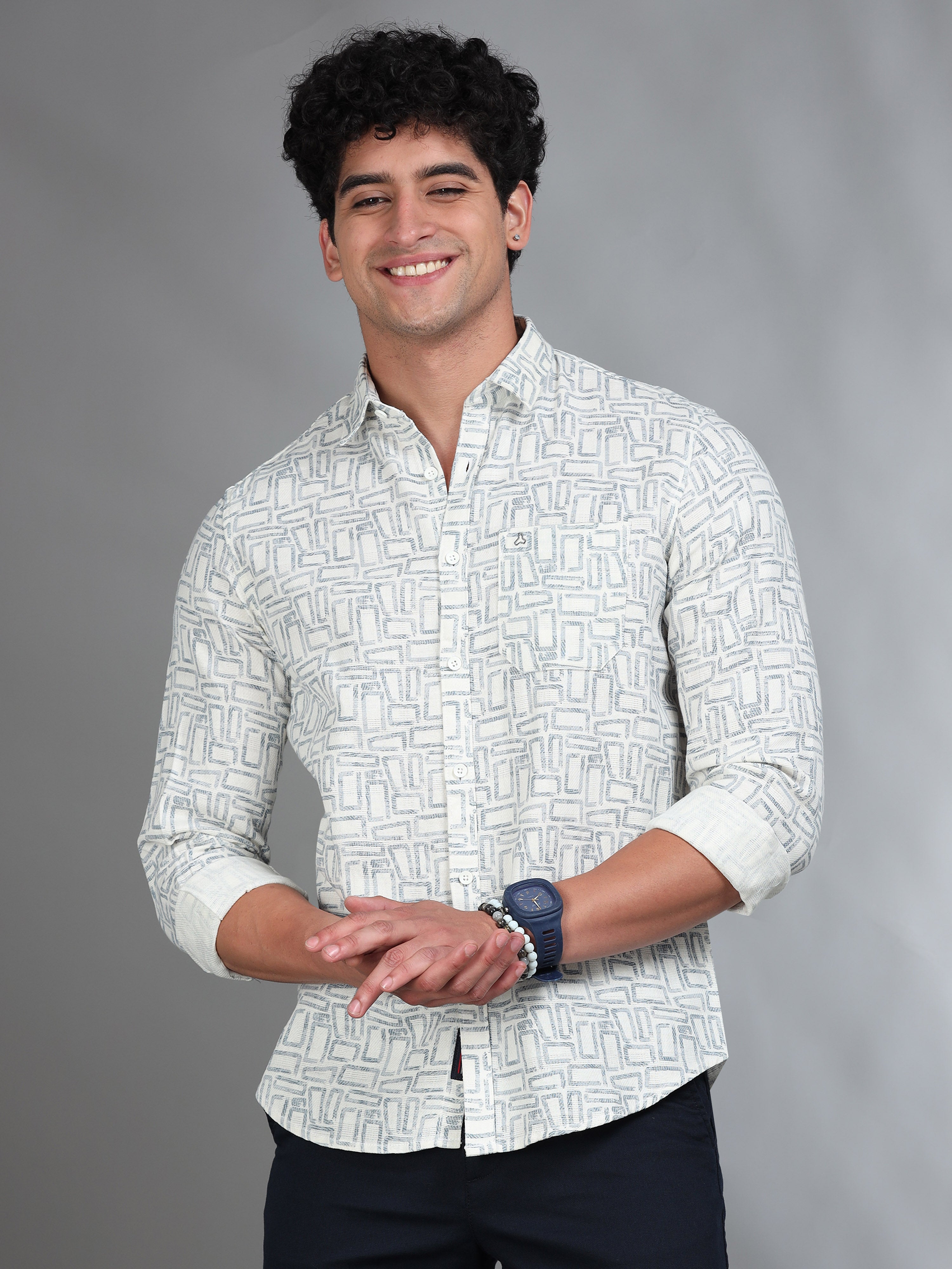 MEN'S GREENISH GREY PRINT SLIM FIT SHIRT