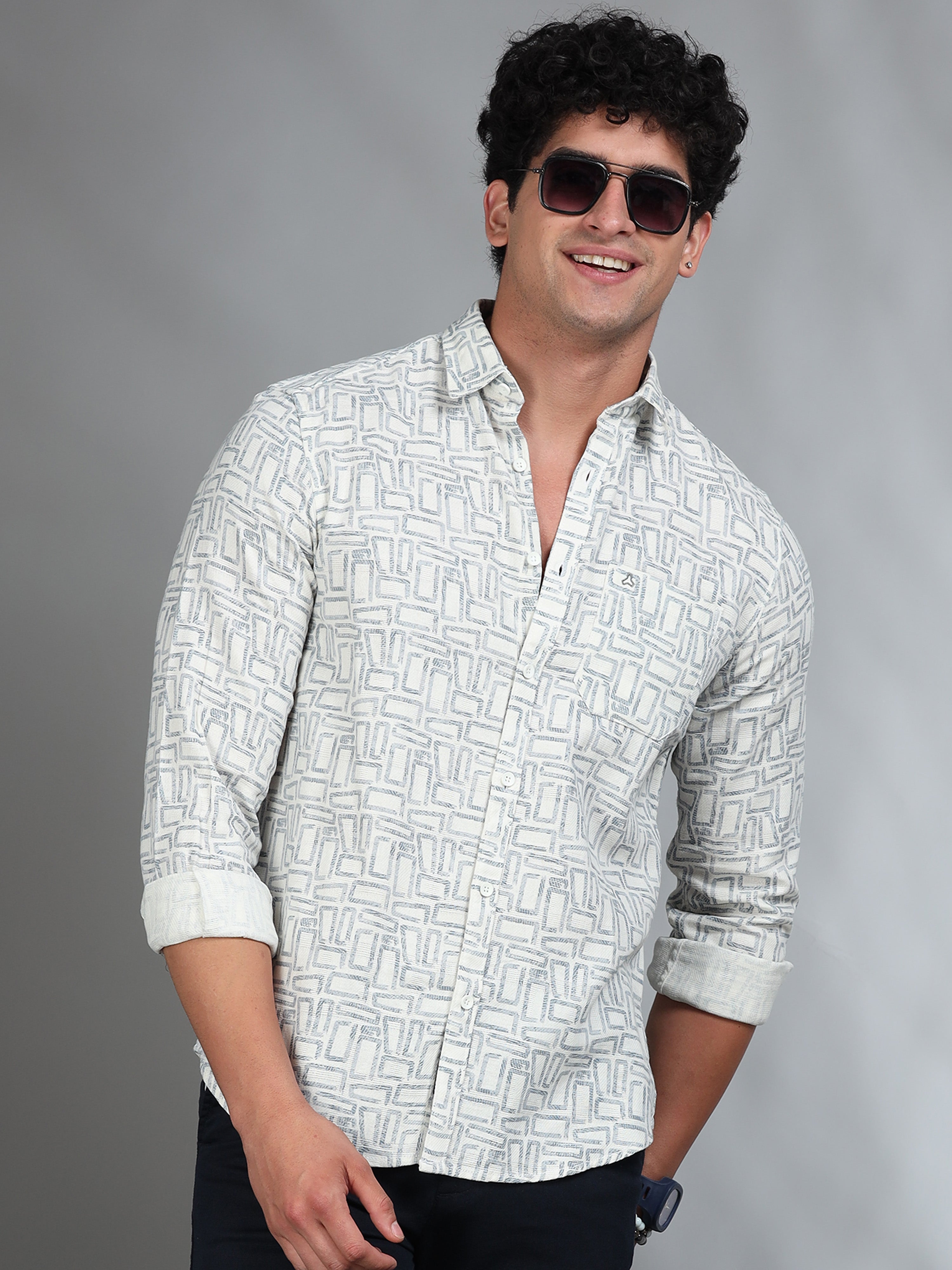 MEN'S GREENISH GREY PRINT SLIM FIT SHIRT