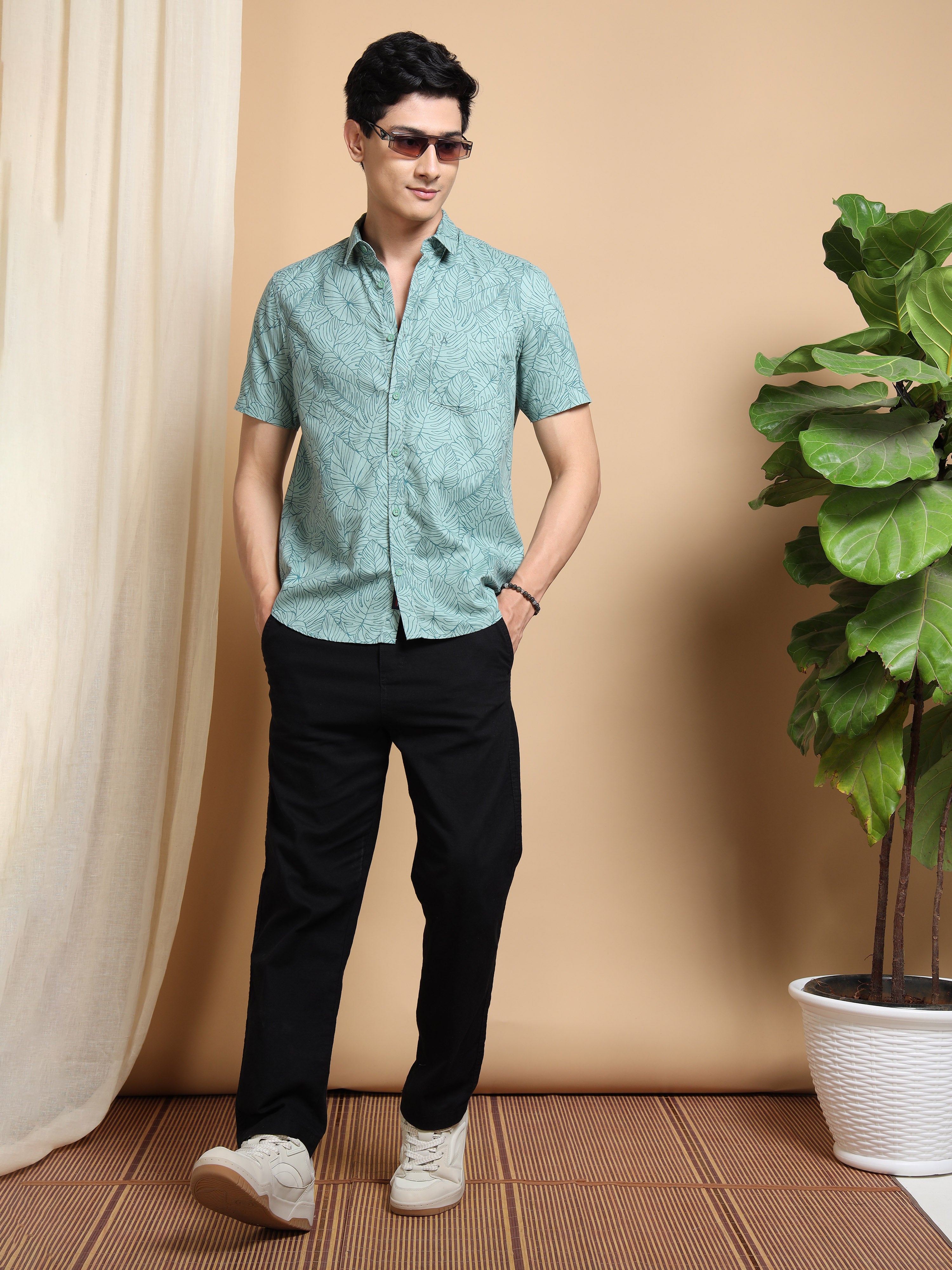 MEN'S GREEN PRINT SLIM FIT SHIRT