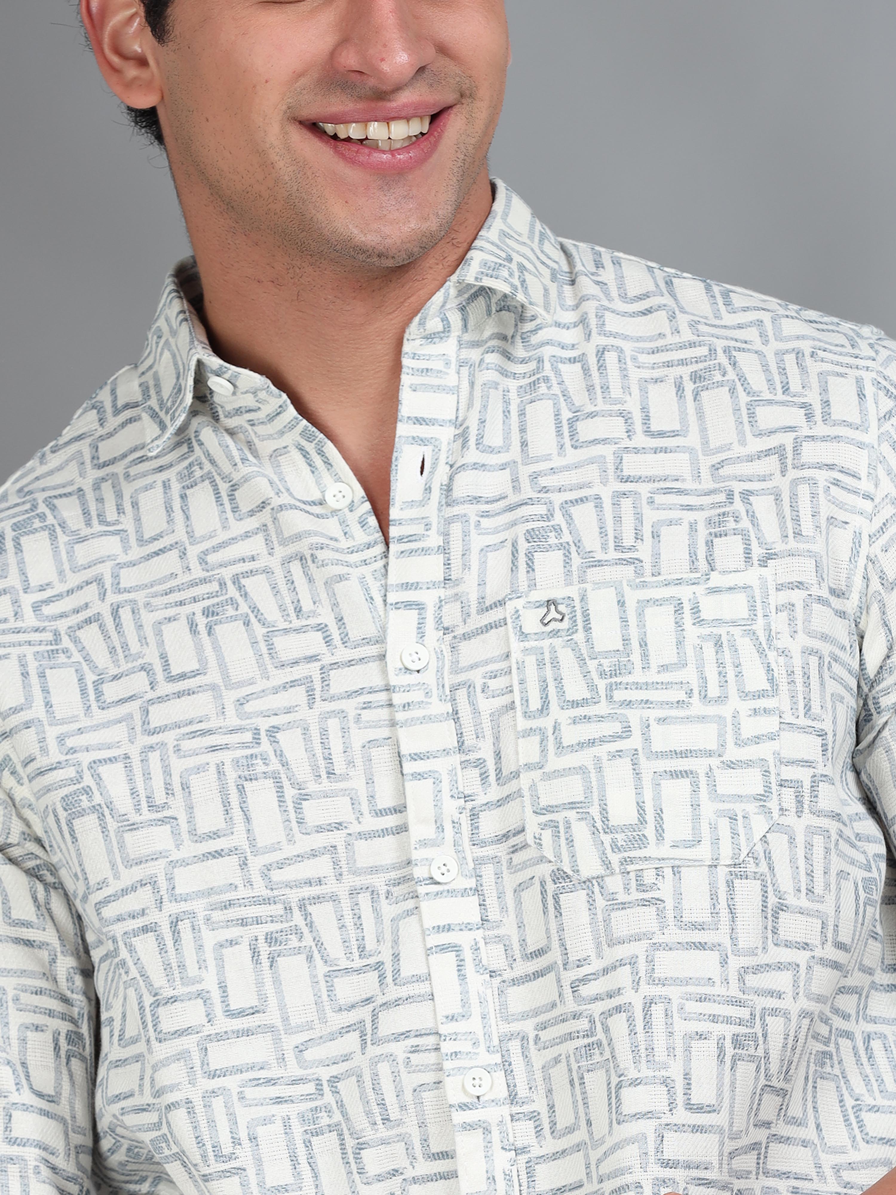 MEN'S GREENISH GREY PRINT SLIM FIT SHIRT