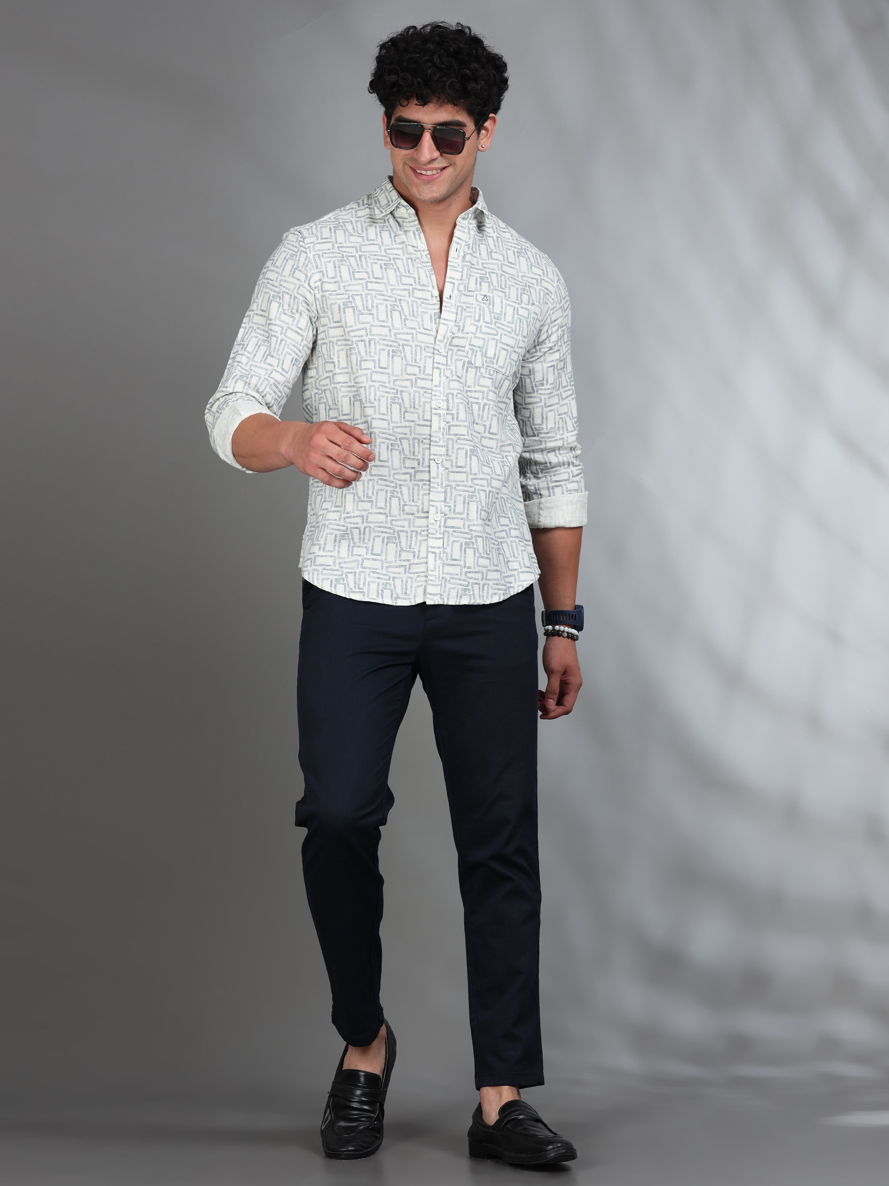 MEN'S GREENISH GREY PRINT SLIM FIT SHIRT