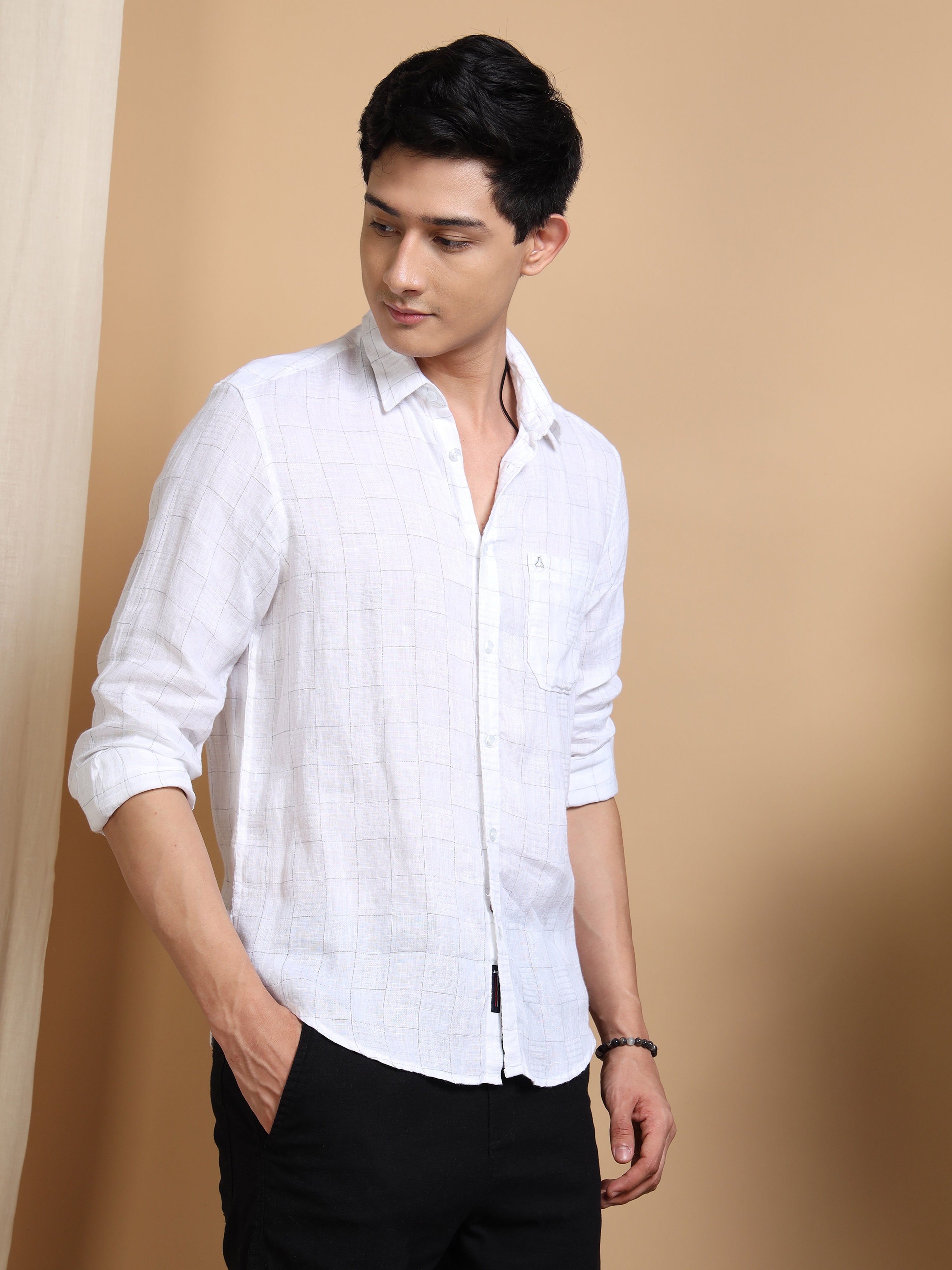 MEN'S WHITE CHECKS SLIM FIT LINEN SHIRT
