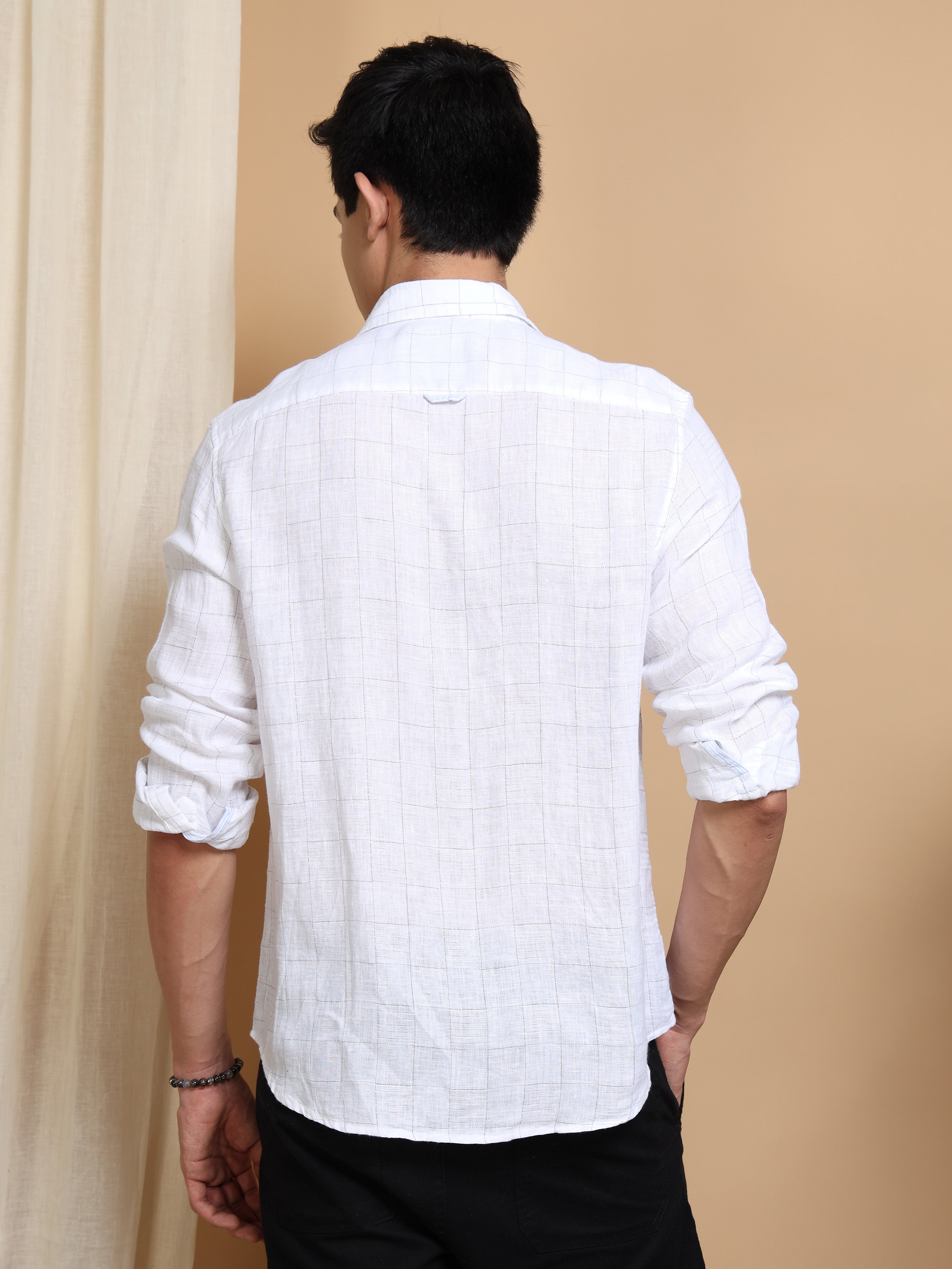 MEN'S WHITE CHECKS SLIM FIT LINEN SHIRT