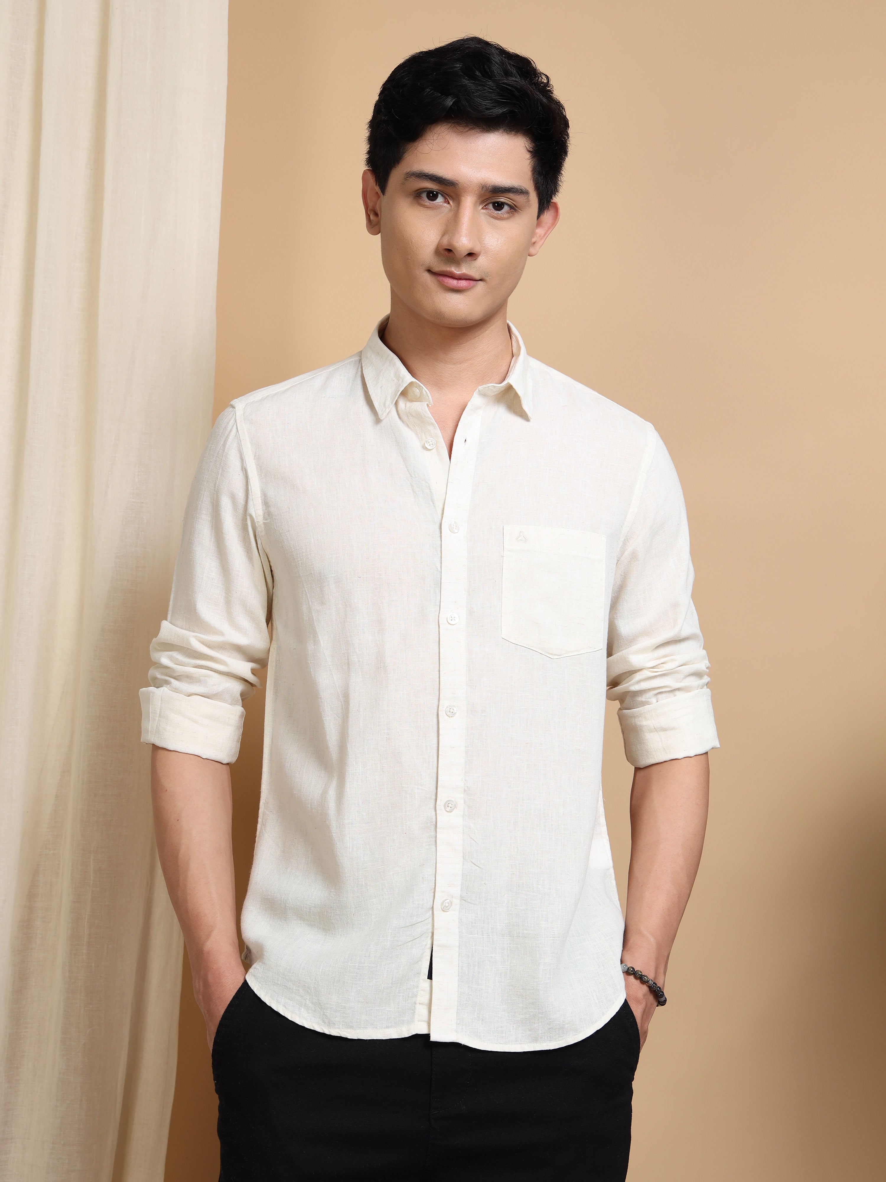 MEN'S NATURAL SOLID SLIM FIT LINEN SHIRT