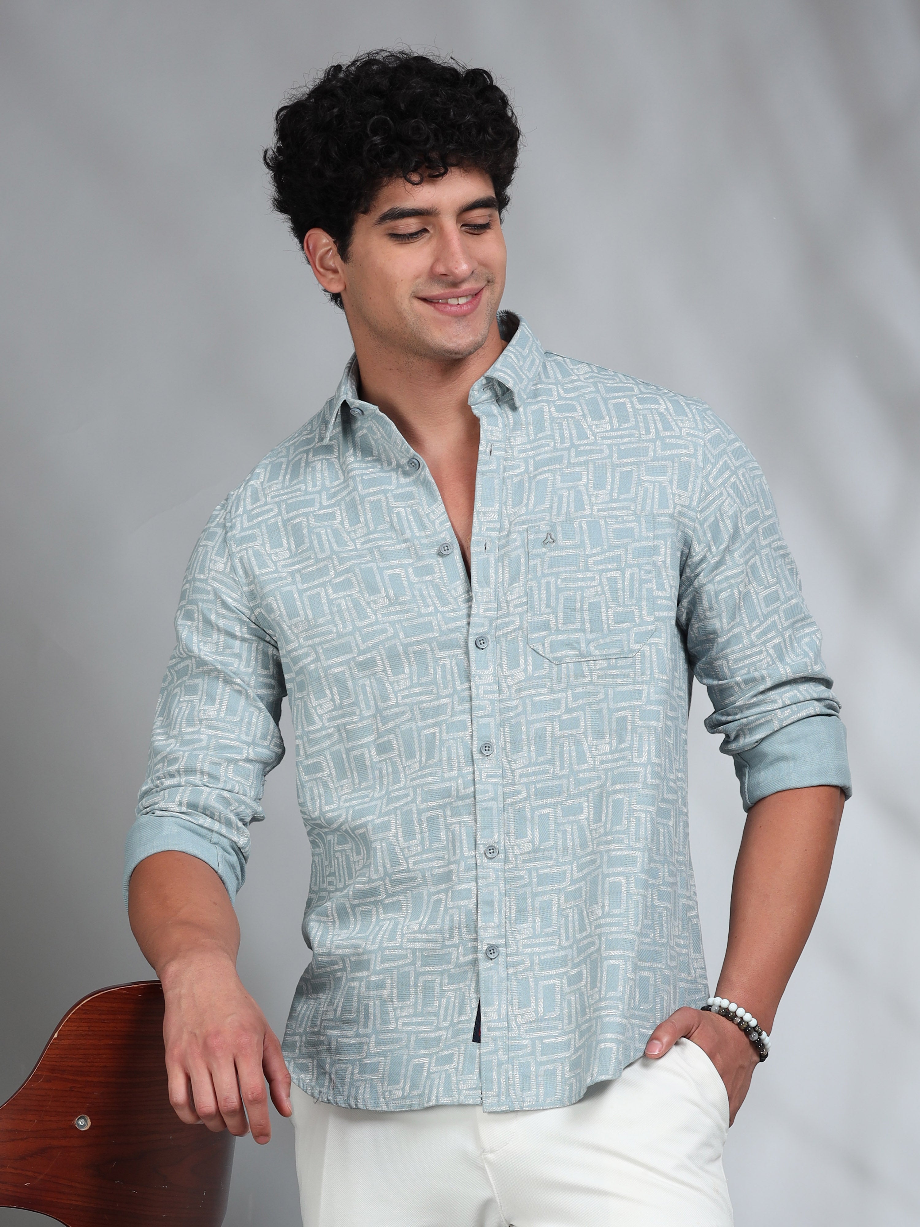 MEN'S WHITE PRINT SLIM FIT SHIRT