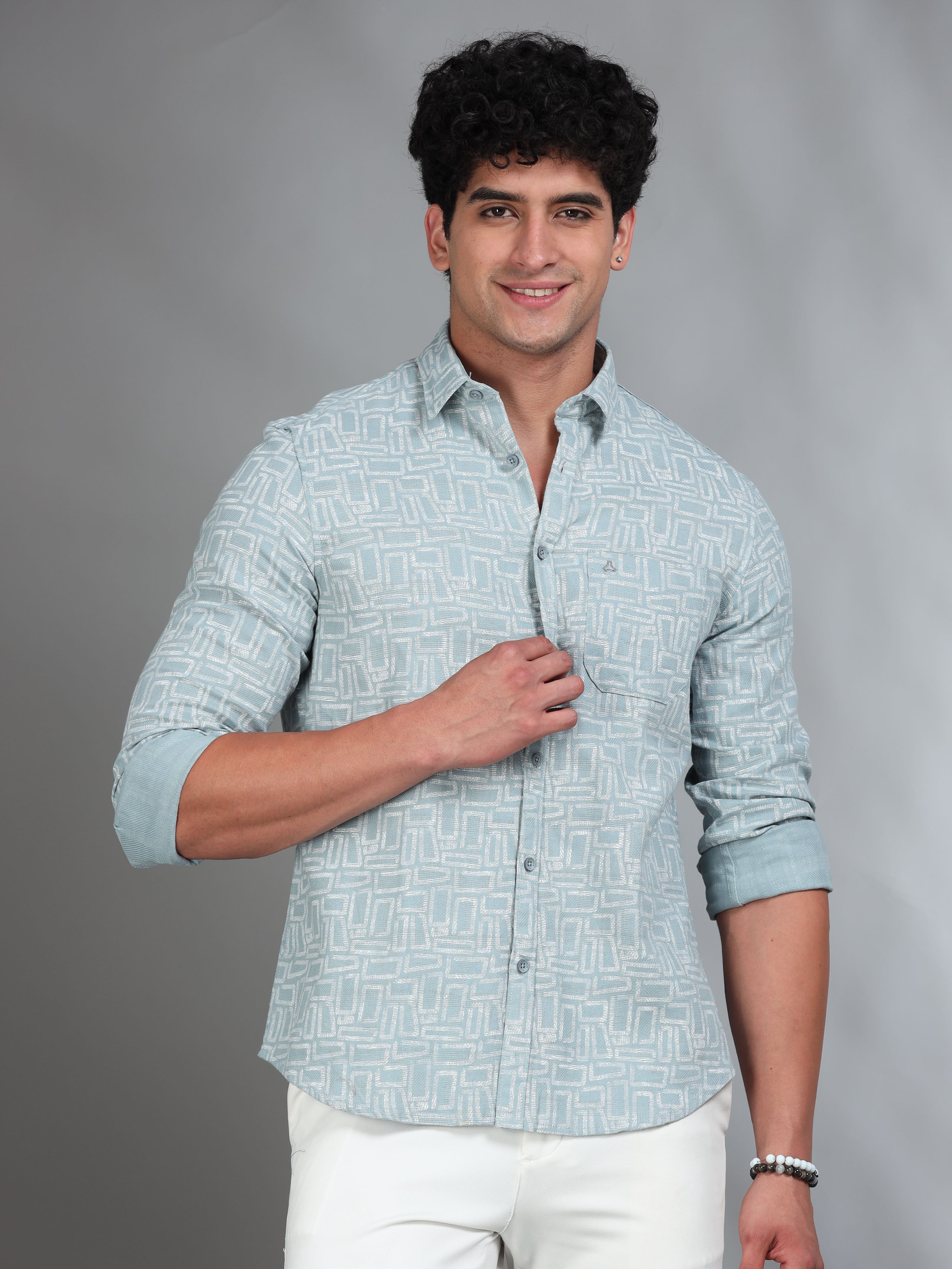 MEN'S WHITE PRINT SLIM FIT SHIRT