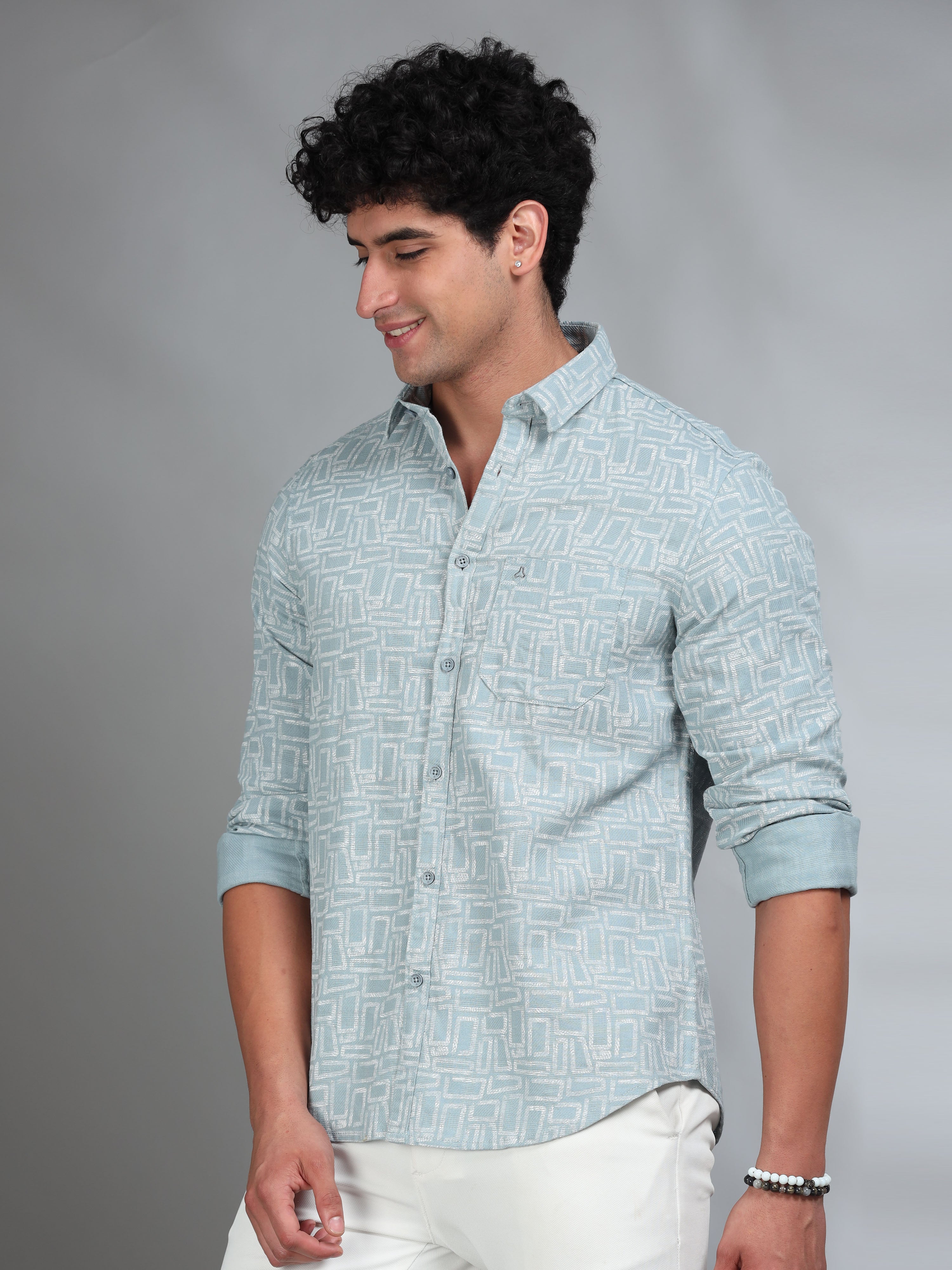 MEN'S WHITE PRINT SLIM FIT SHIRT