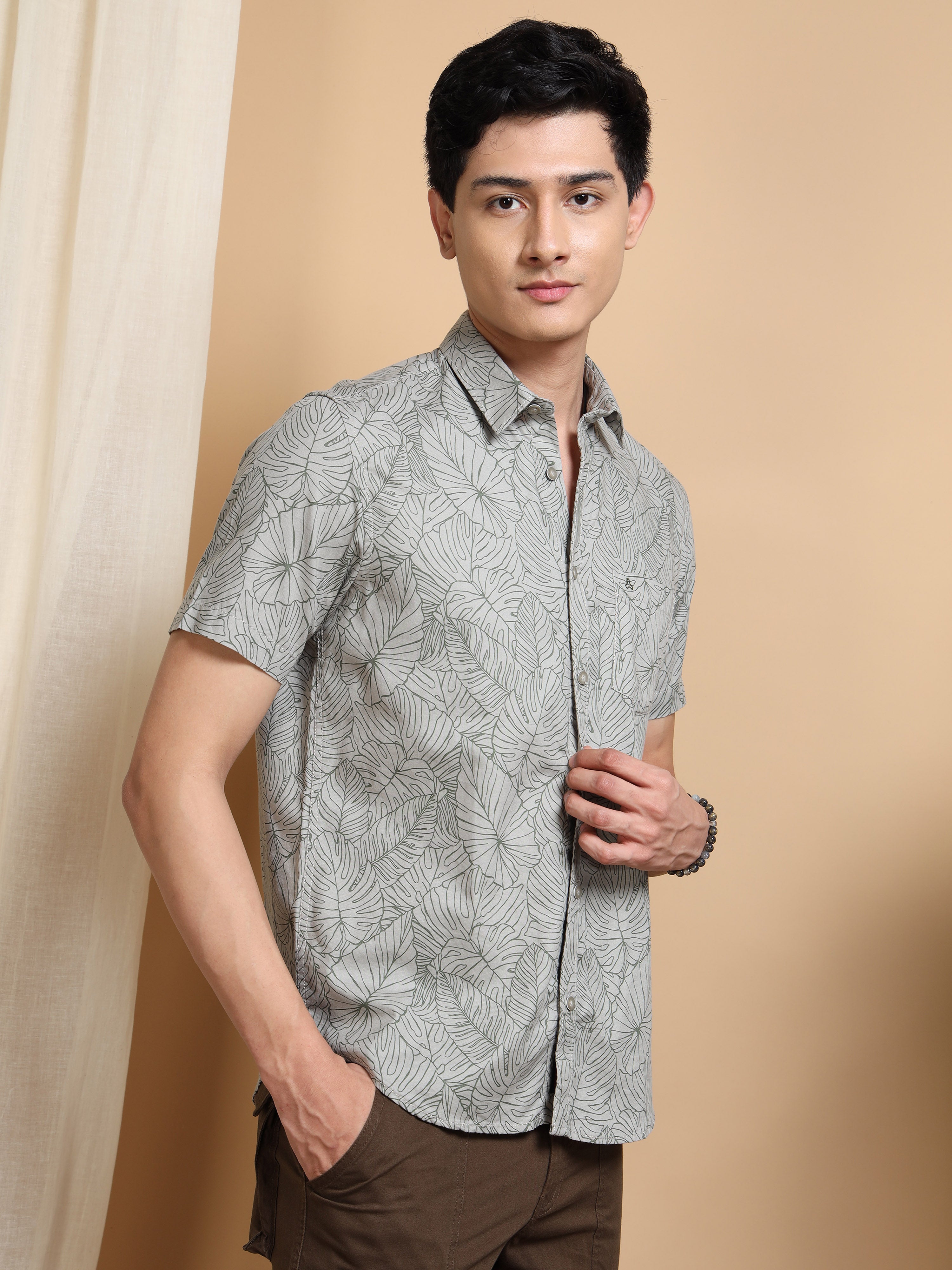 MEN'S GRENISH GREY PRINT SLIM FIT SHIRT