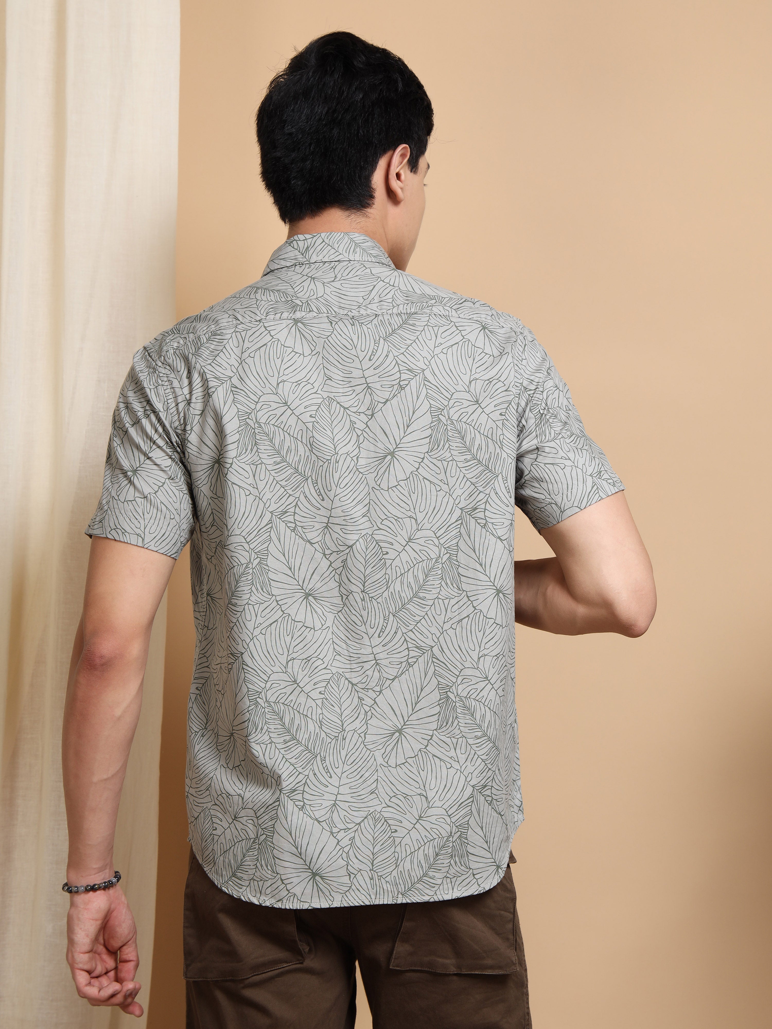 MEN'S GRENISH GREY PRINT SLIM FIT SHIRT