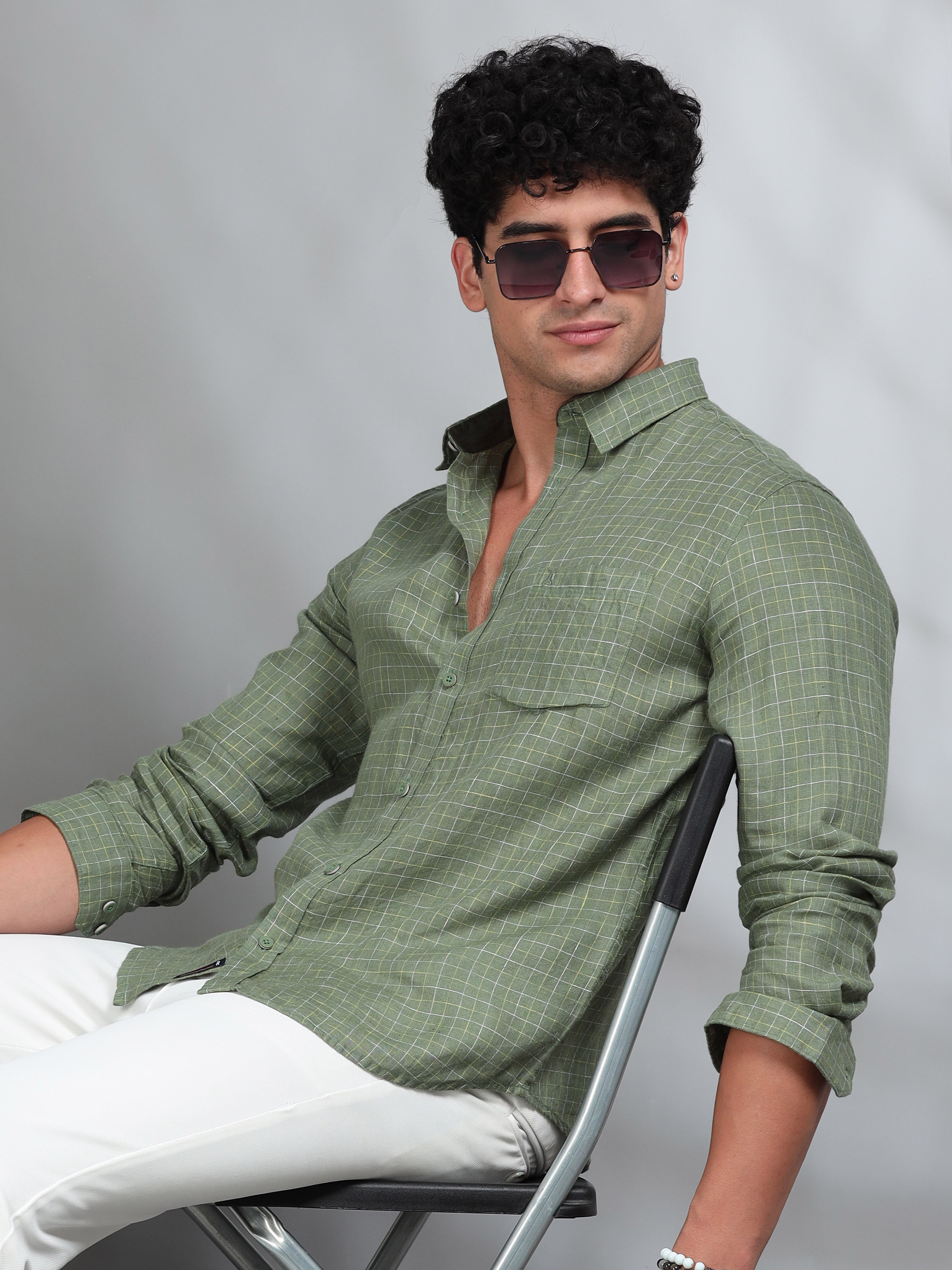 MEN'S GREEN CHECKS SLIM FIT LINEN SHIRT