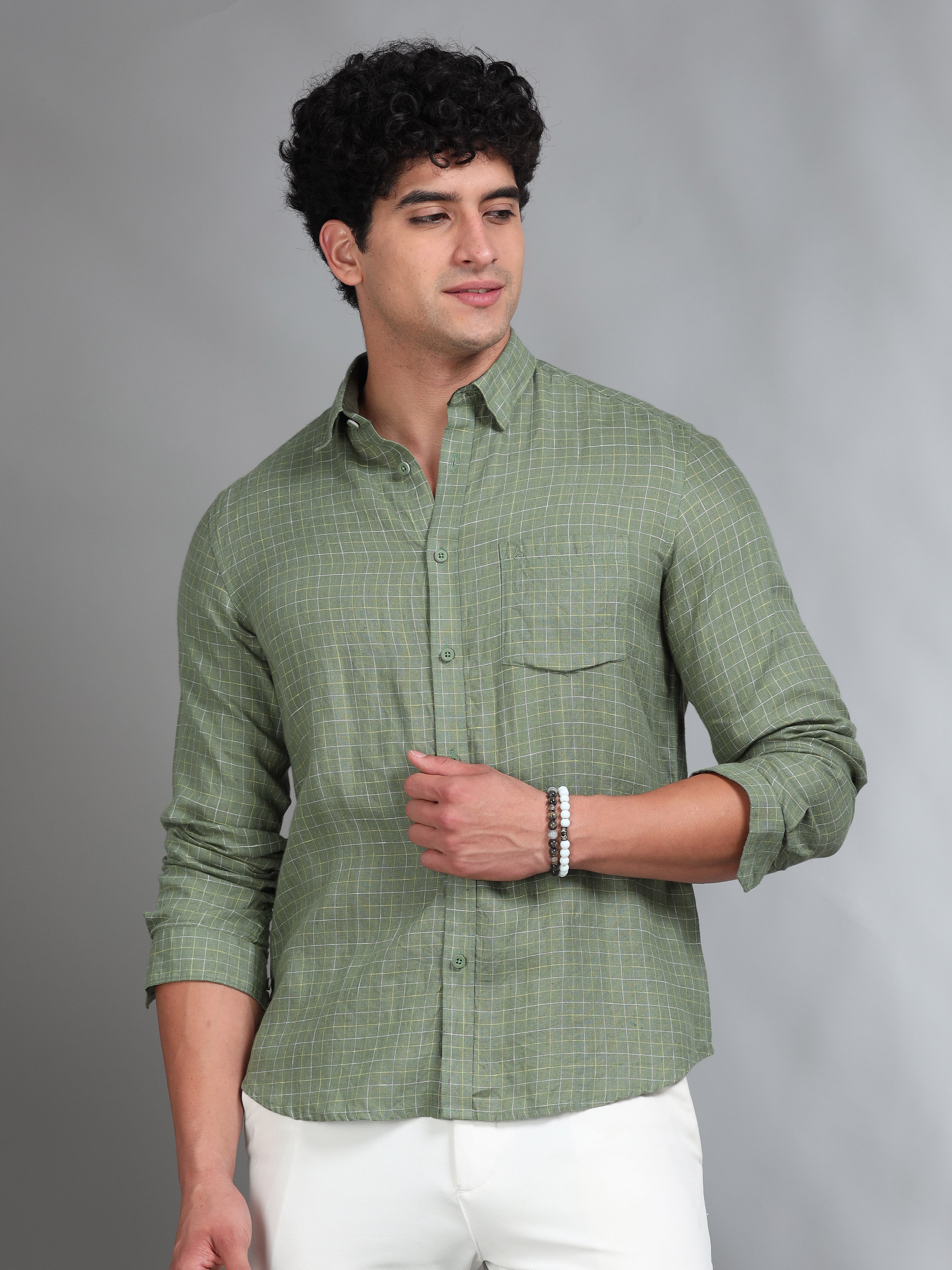MEN'S GREEN CHECKS SLIM FIT LINEN SHIRT