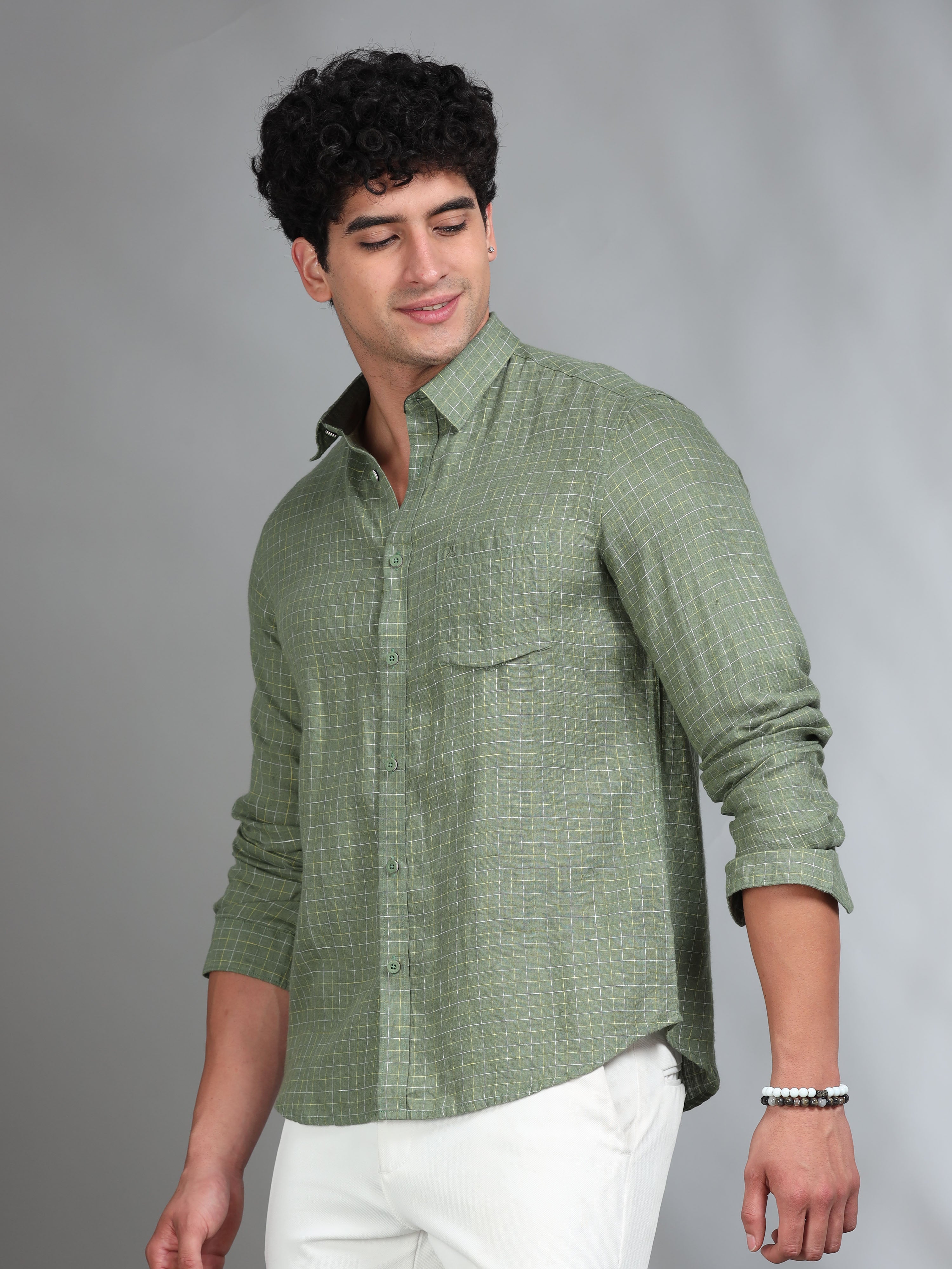 MEN'S GREEN CHECKS SLIM FIT LINEN SHIRT