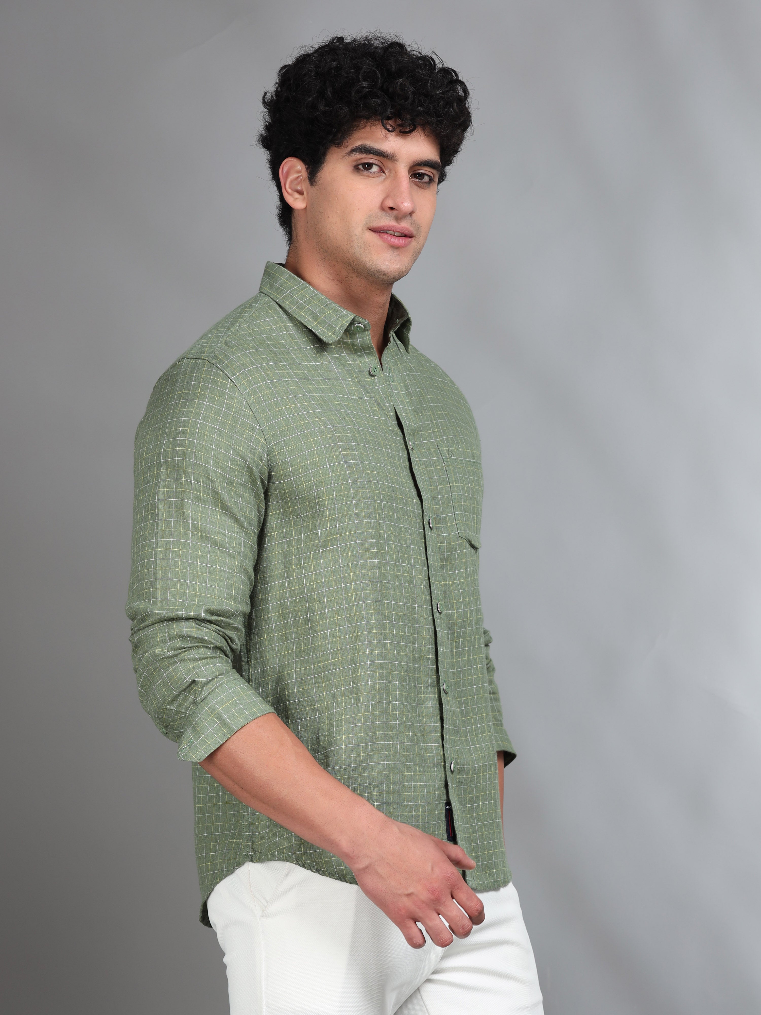 MEN'S GREEN CHECKS SLIM FIT LINEN SHIRT