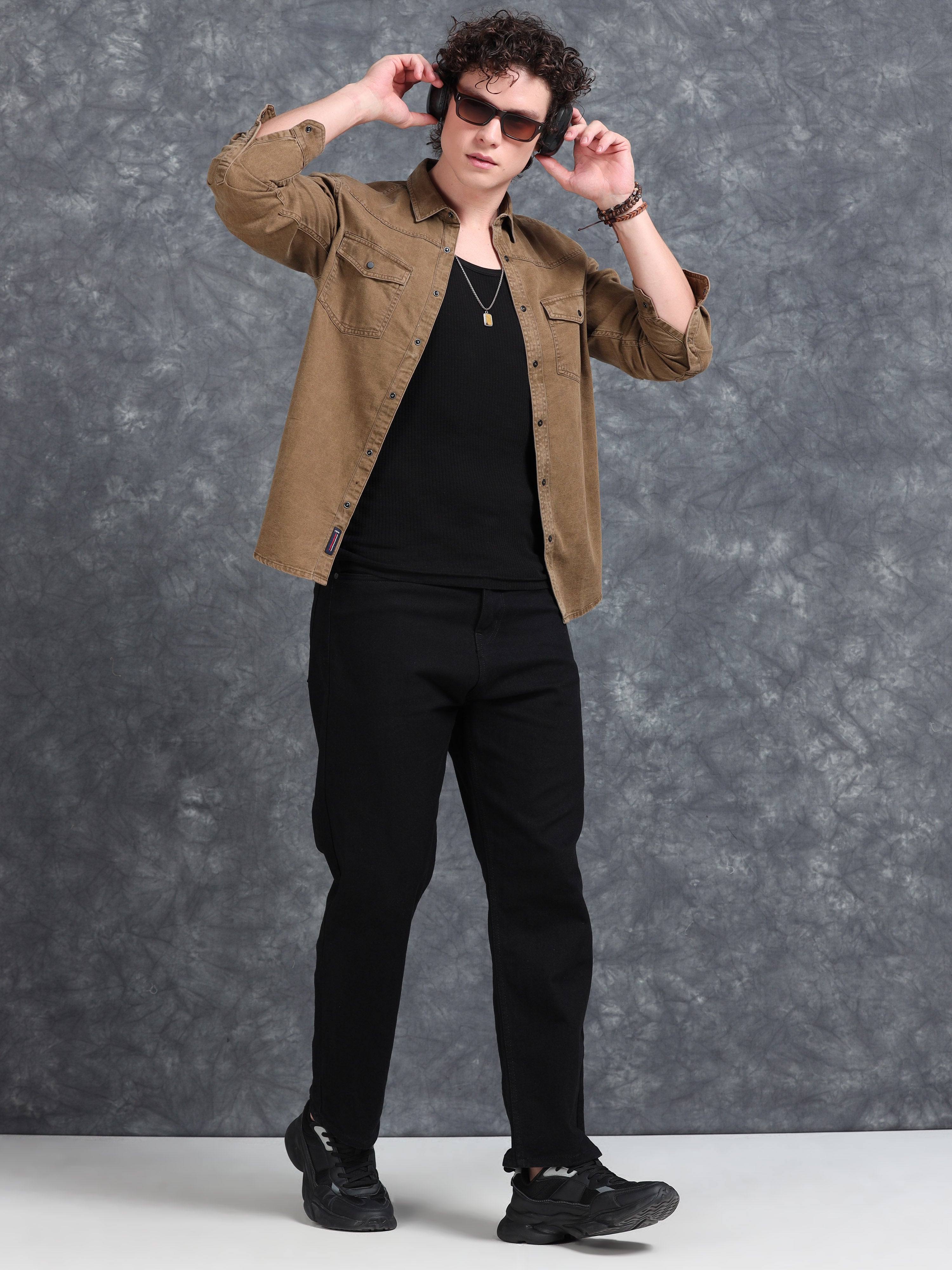 MEN'S KHAKI DENIM SOLID SLIM FIT SHIRT